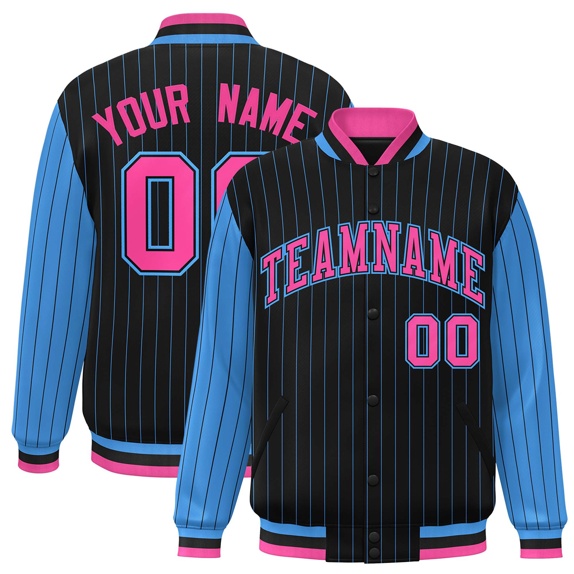 Custom Black Blue Pinstripe Blue-Pink Bomber Full-Snap Varsity Letterman Jacket