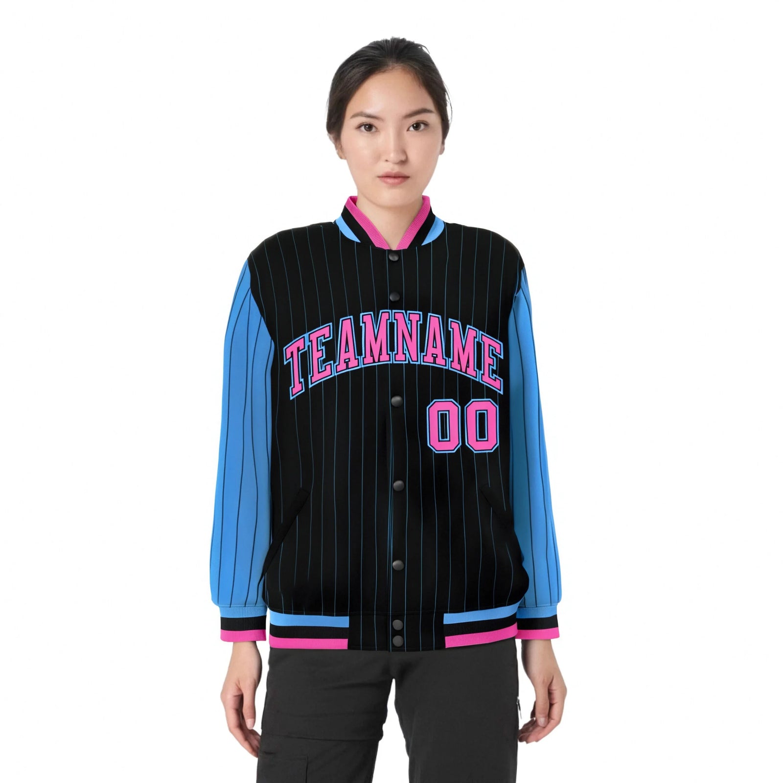 Custom Black Blue Pinstripe Blue-Pink Bomber Full-Snap Varsity Letterman Jacket