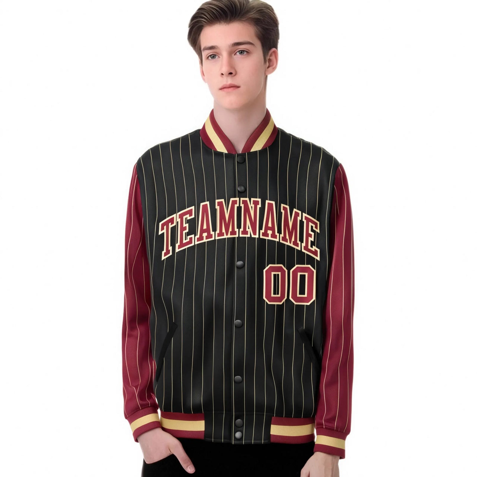 Custom Black Old-Gold Pinstripe Old-Gold Crimson Bomber Full-Snap Varsity Letterman Jacket