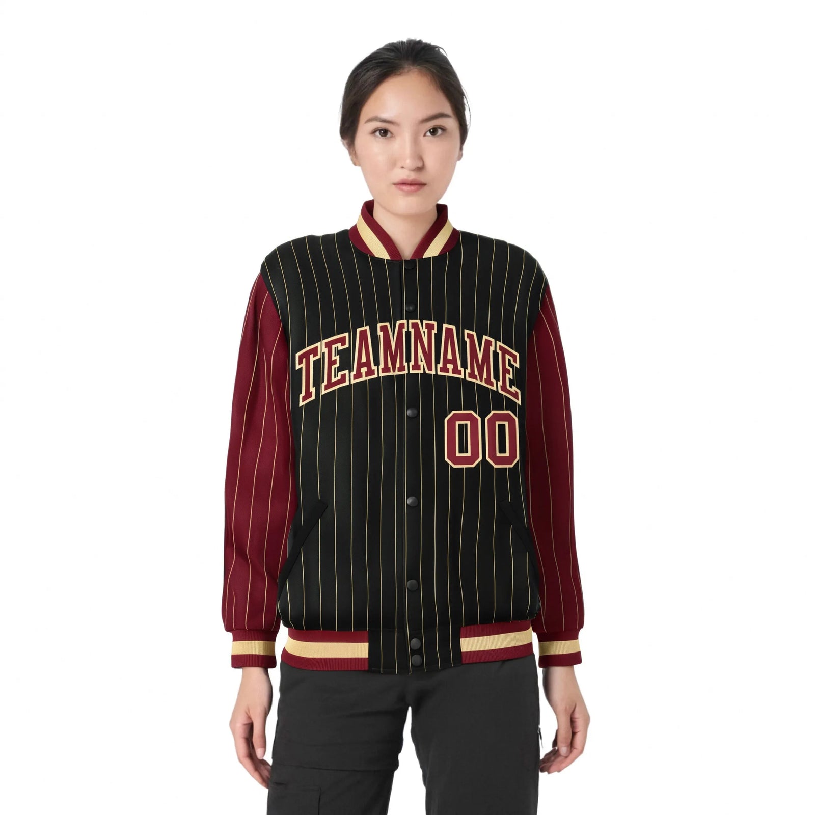 Custom Black Old-Gold Pinstripe Old-Gold Crimson Bomber Full-Snap Varsity Letterman Jacket