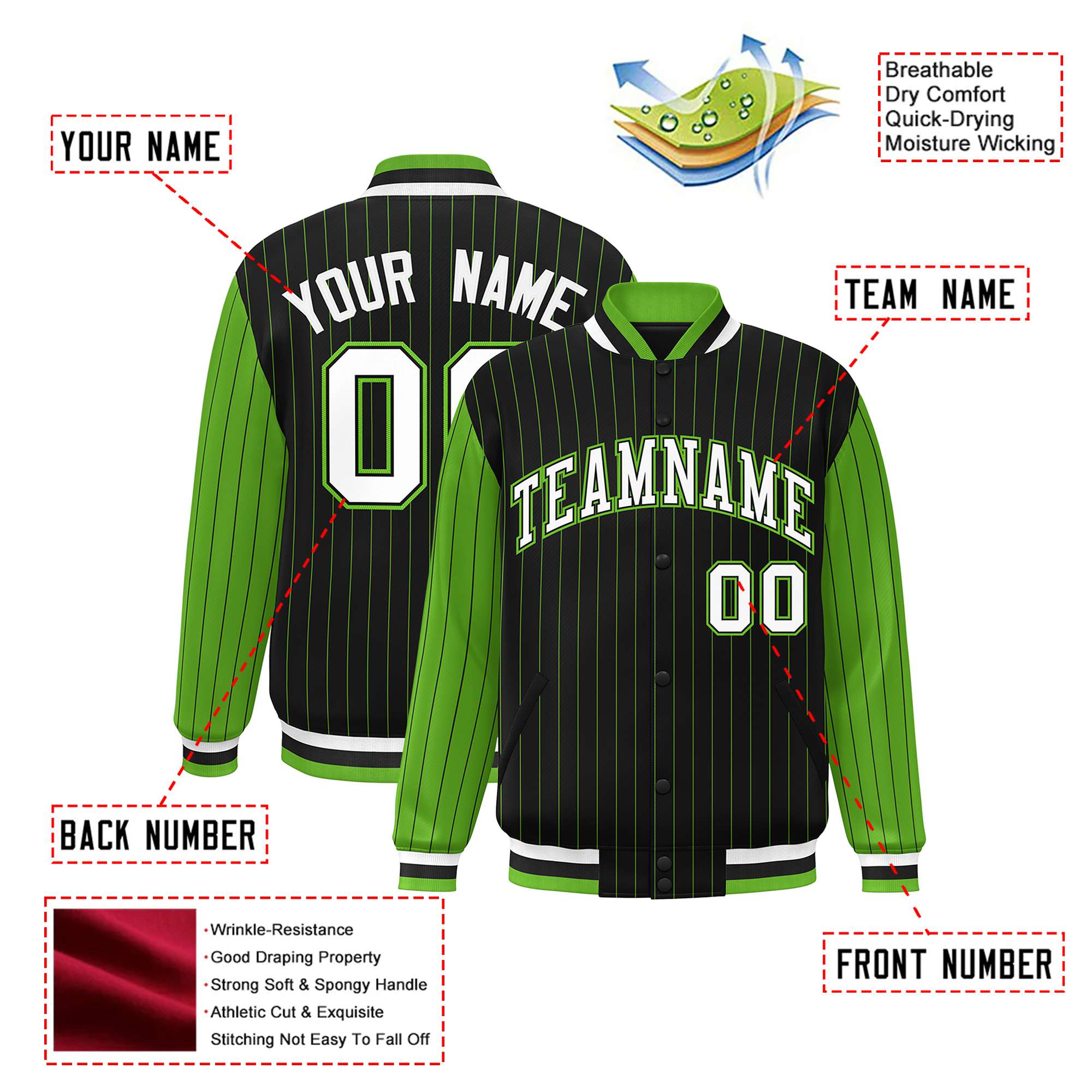 Custom Black Neon-Green Pinstripe Neon-Green White Bomber Full-Snap Varsity Letterman Jacket