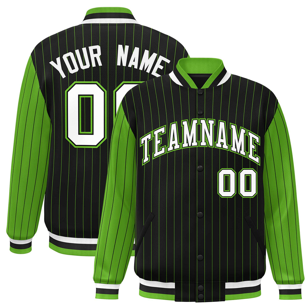 Custom Black Neon-Green Pinstripe Neon-Green White Bomber Full-Snap Varsity Letterman Jacket