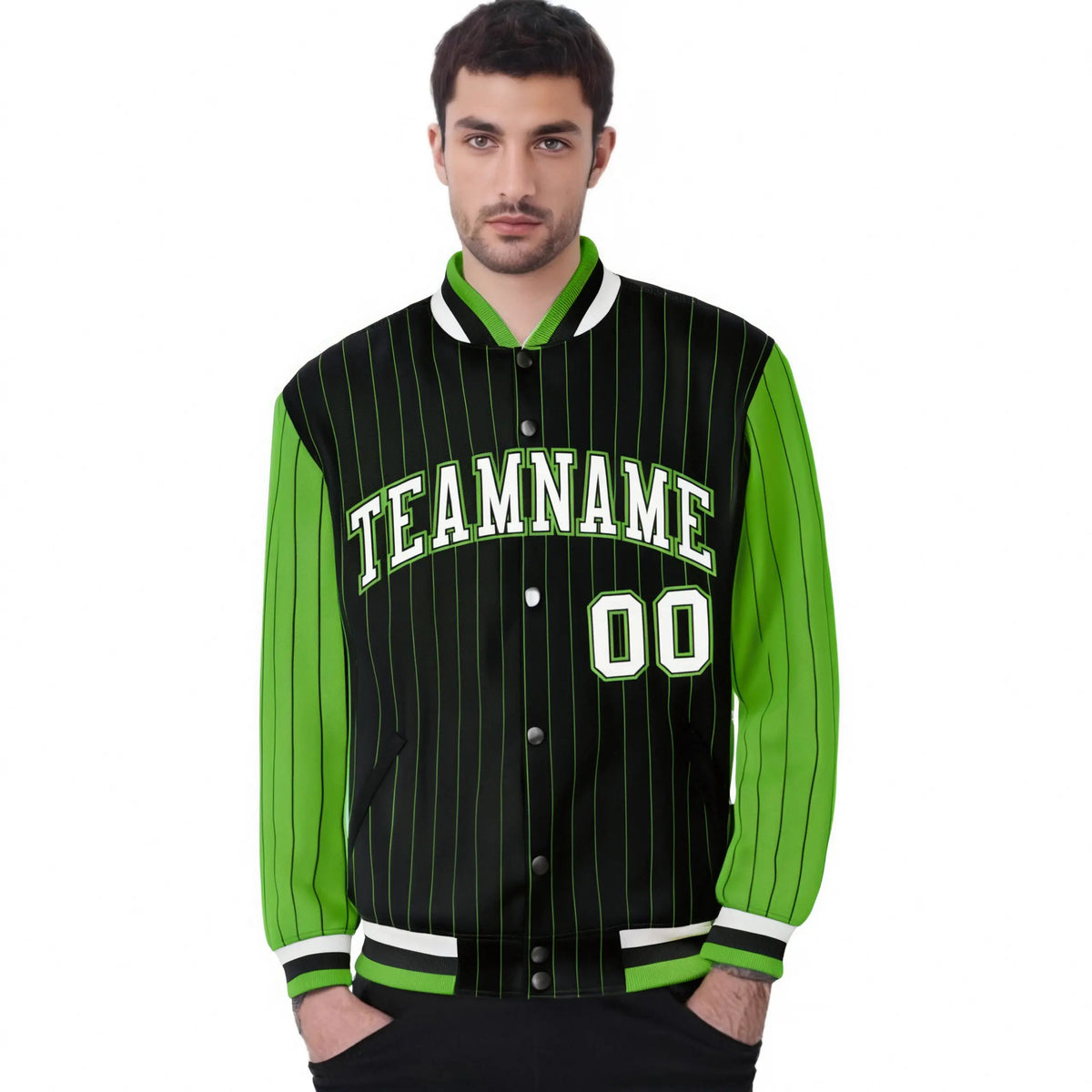 Custom Black Neon-Green Pinstripe Neon-Green White Bomber Full-Snap Varsity Letterman Jacket