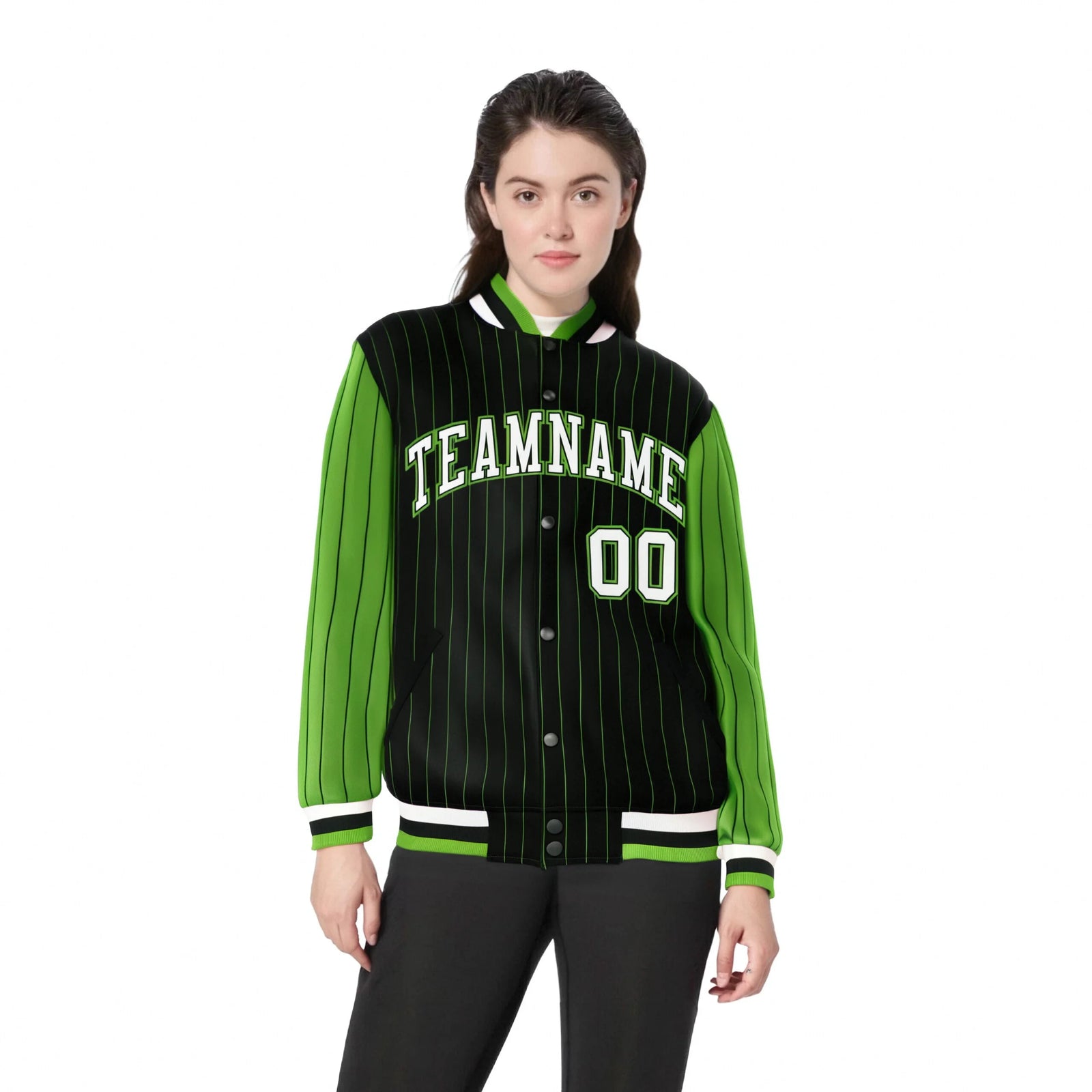 Custom Black Neon-Green Pinstripe Neon-Green White Bomber Full-Snap Varsity Letterman Jacket