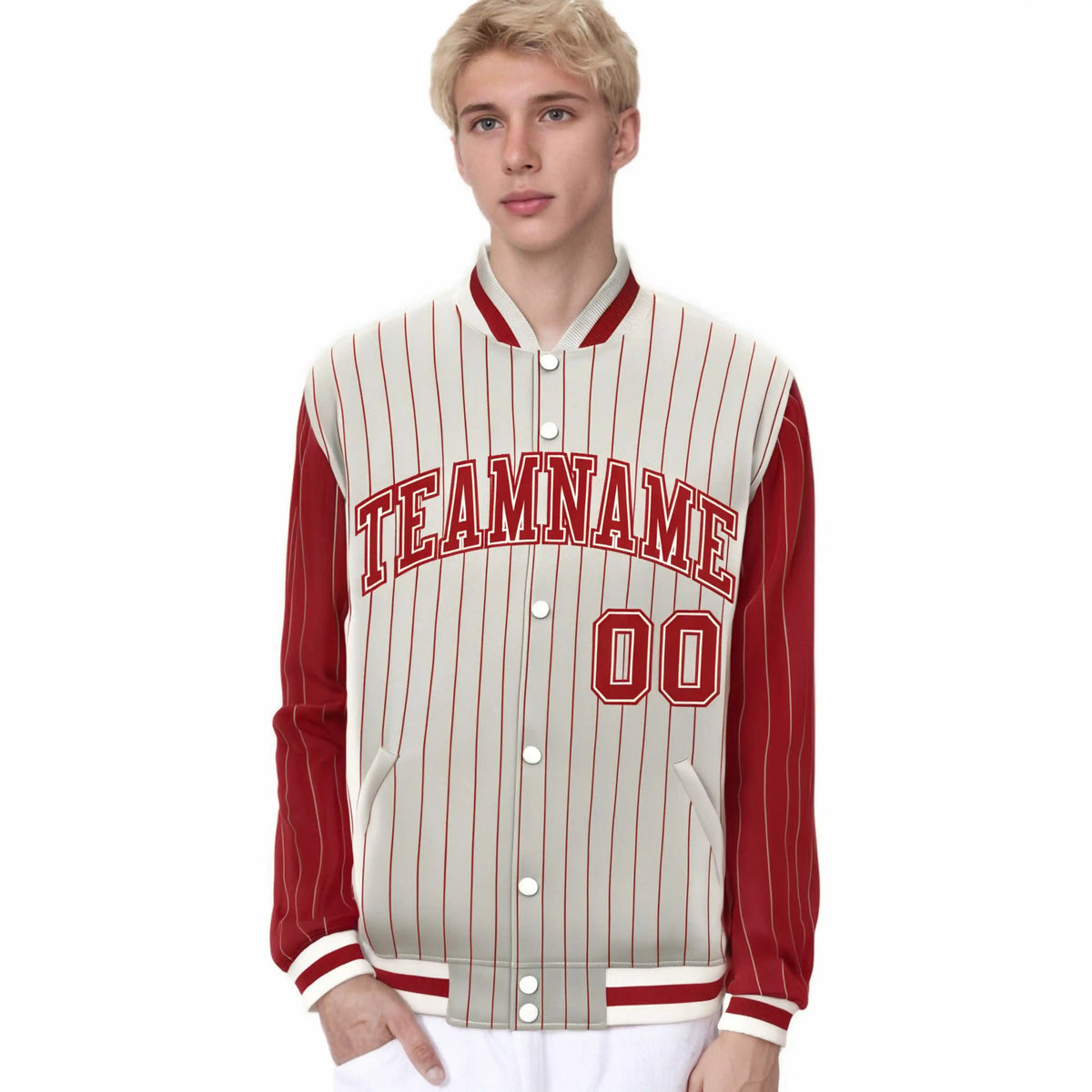 Custom Cream Red Pinstripe Cream-Red Bomber Full-Snap Varsity Letterman Jacket