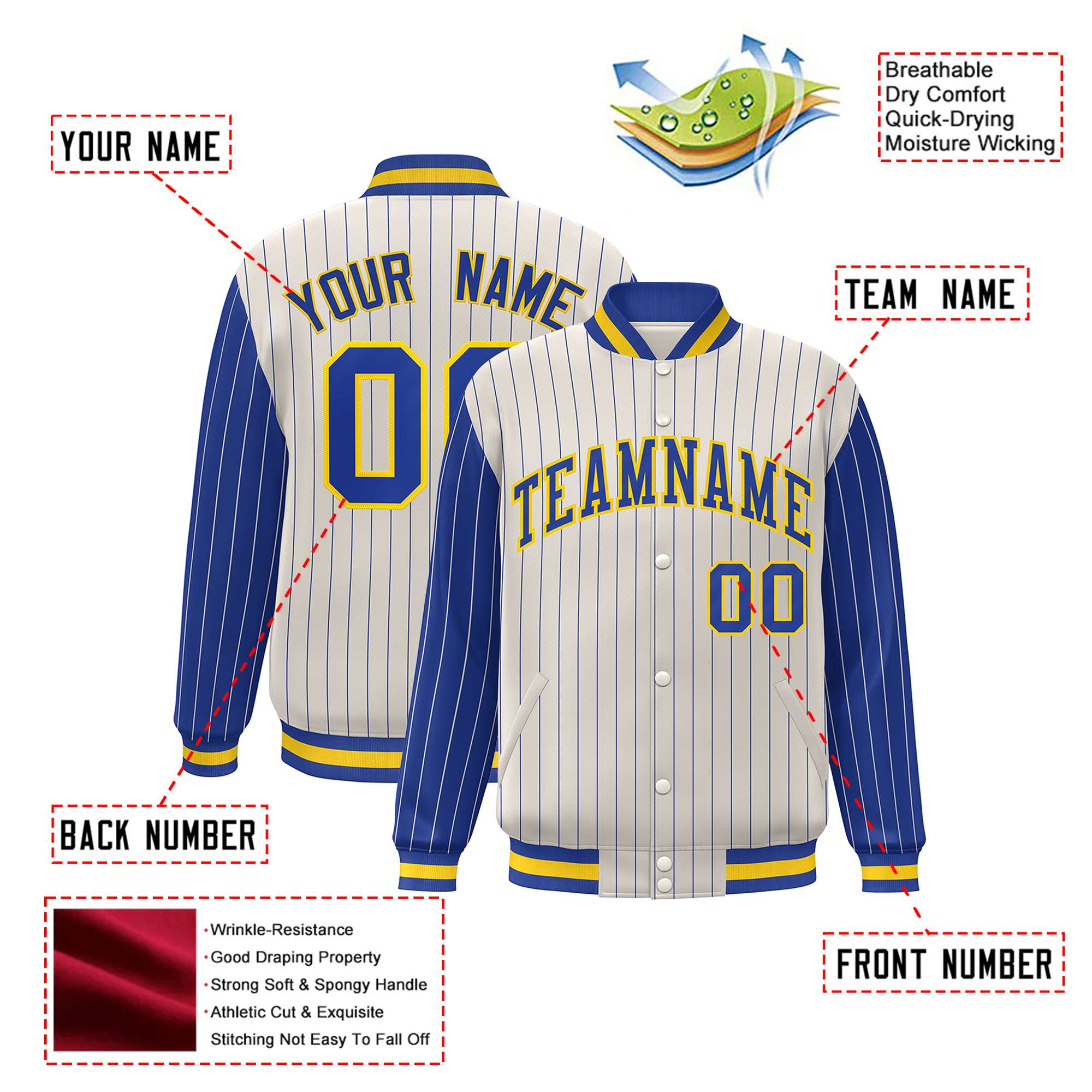 Custom Cream Royal-Blue Pinstripe Gold Royal-Blue Bomber Full-Snap Varsity Letterman Jacket