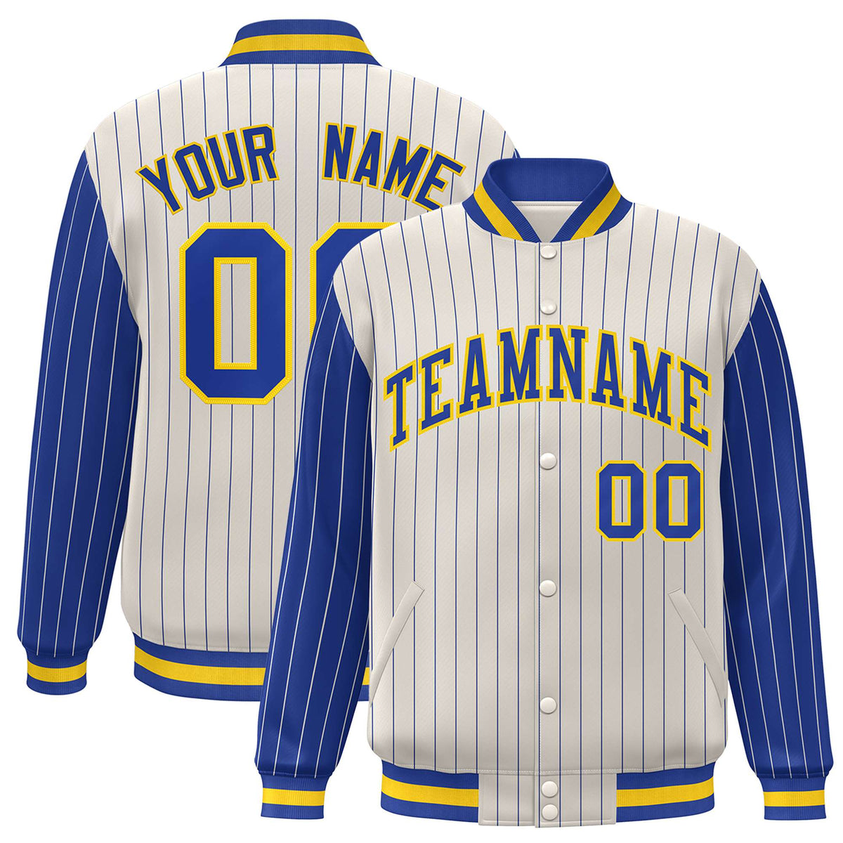 Custom Cream Royal-Blue Pinstripe Gold Royal-Blue Bomber Full-Snap Varsity Letterman Jacket