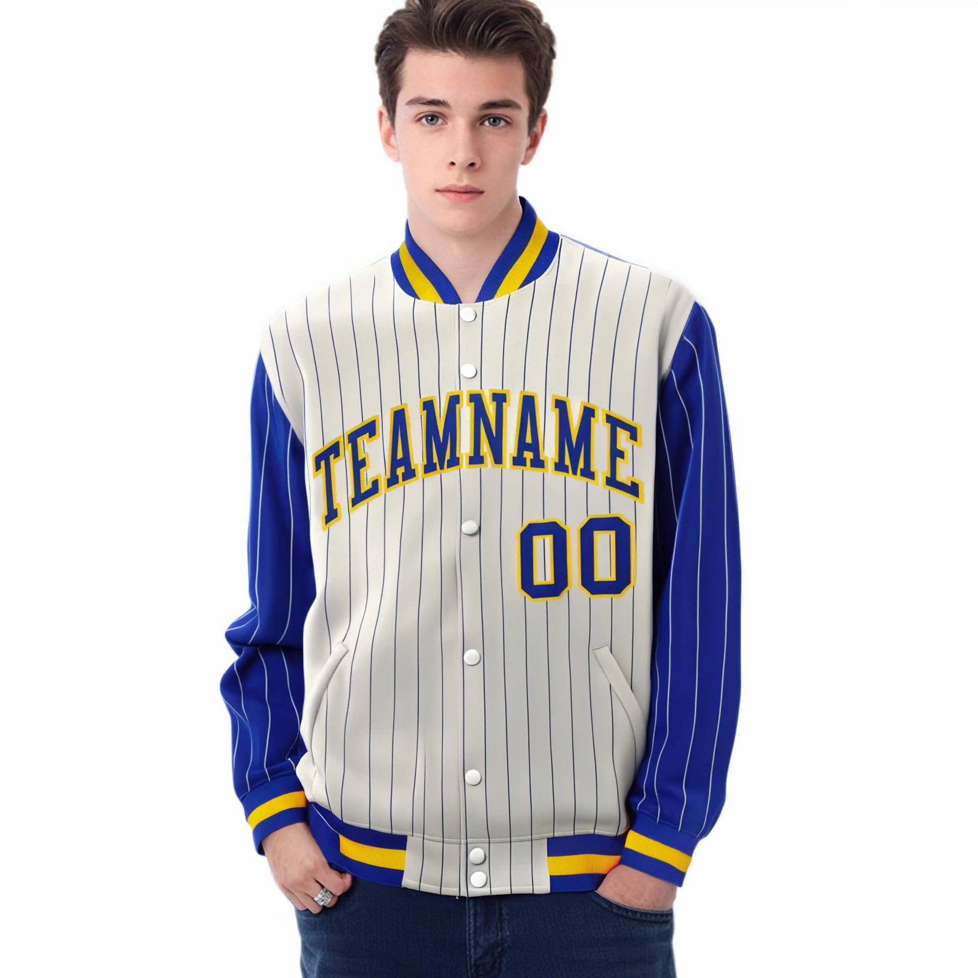 Custom Cream Royal-Blue Pinstripe Gold Royal-Blue Bomber Full-Snap Varsity Letterman Jacket