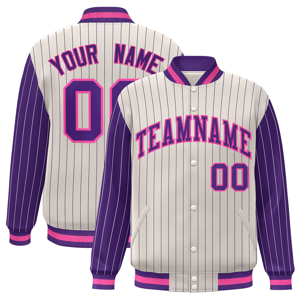 Custom Cream Purple Pinstripe Purple-Pink Bomber Full-Snap Varsity Letterman Jacket