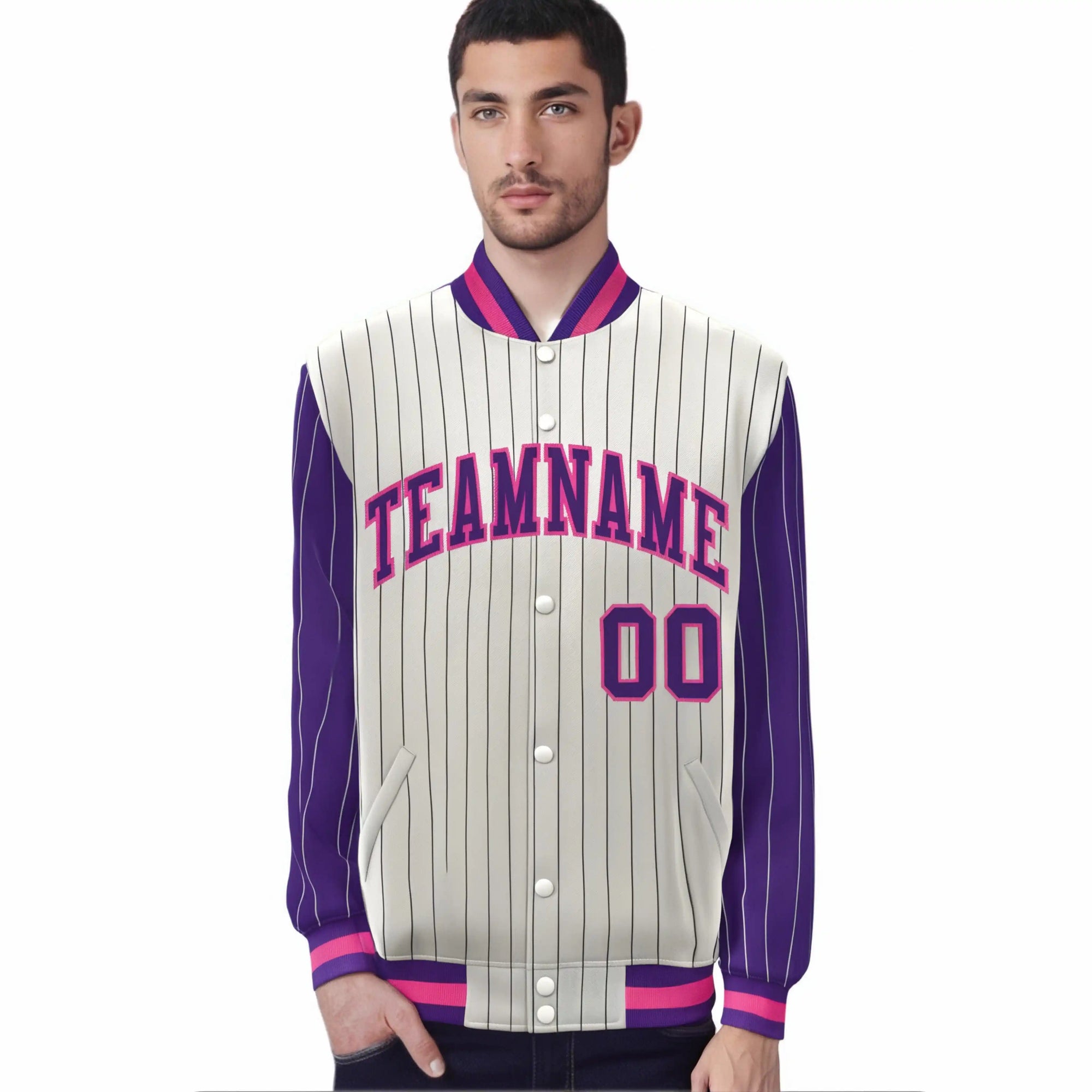 Custom Cream Purple Pinstripe Purple-Pink Bomber Full-Snap Varsity Letterman Jacket