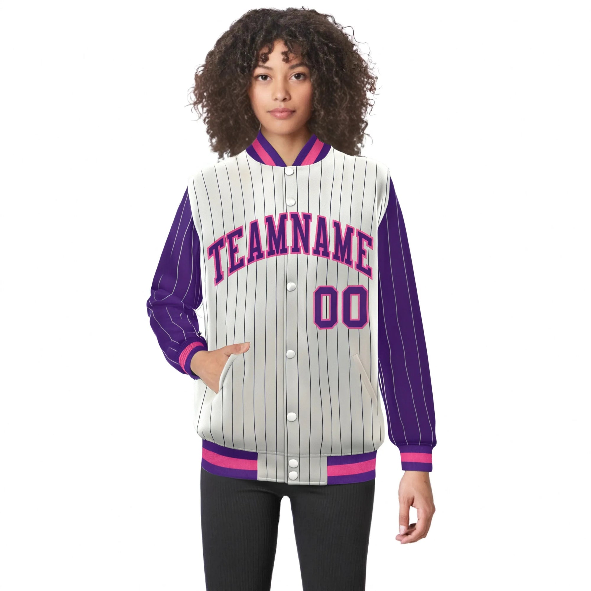 Custom Cream Purple Pinstripe Purple-Pink Bomber Full-Snap Varsity Letterman Jacket