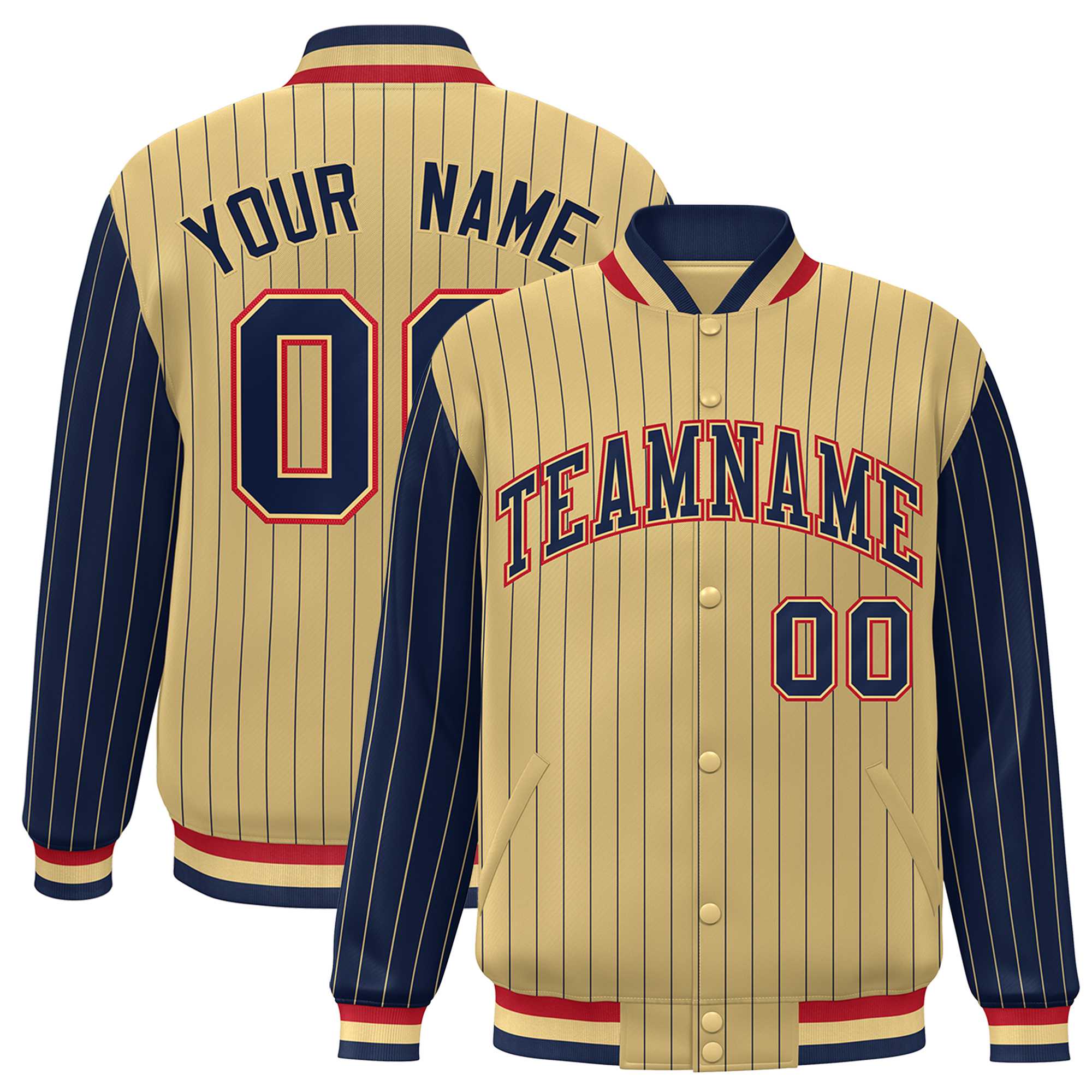 Custom Old Gold Navy Pinstripe Red-Navy Bomber Full-Snap Varsity Letterman Jacket