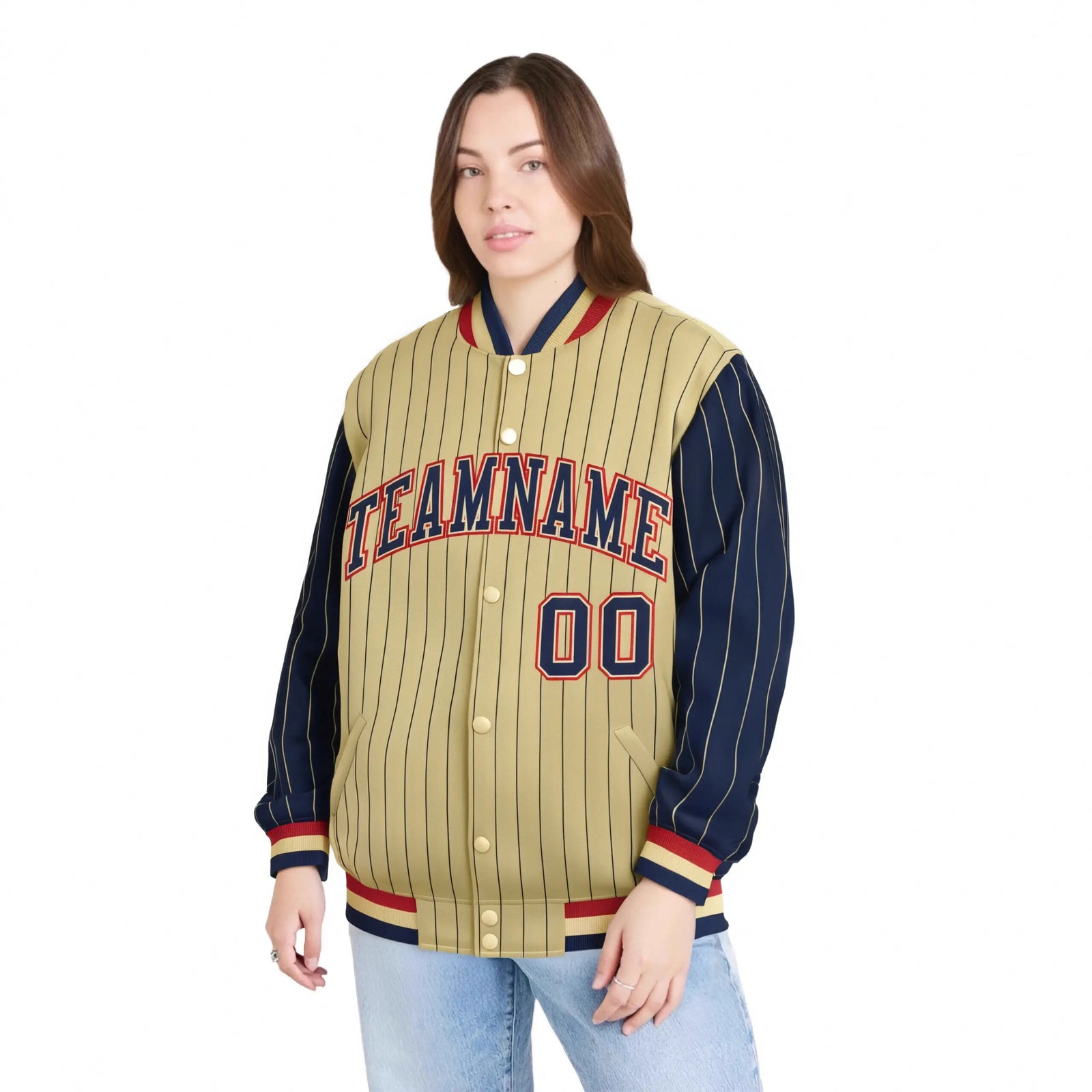 Custom Old Gold Navy Pinstripe Red-Navy Bomber Full-Snap Varsity Letterman Jacket