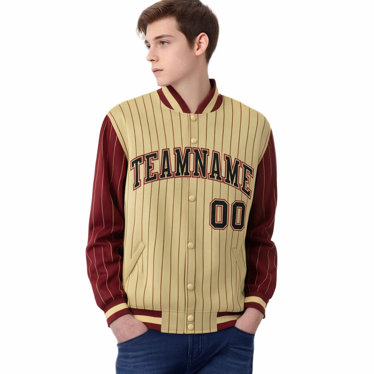 Custom Old Gold Crimson Pinstripe Crimson-Black Bomber Full-Snap Varsity Letterman Jacket