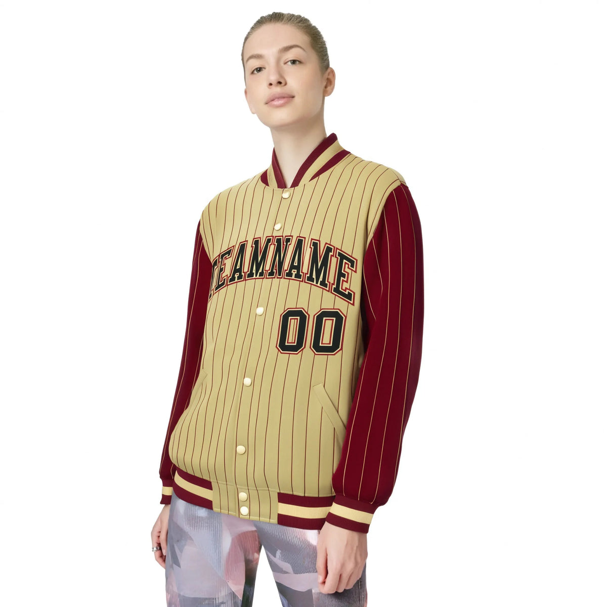 Custom Old Gold Crimson Pinstripe Crimson-Black Bomber Full-Snap Varsity Letterman Jacket