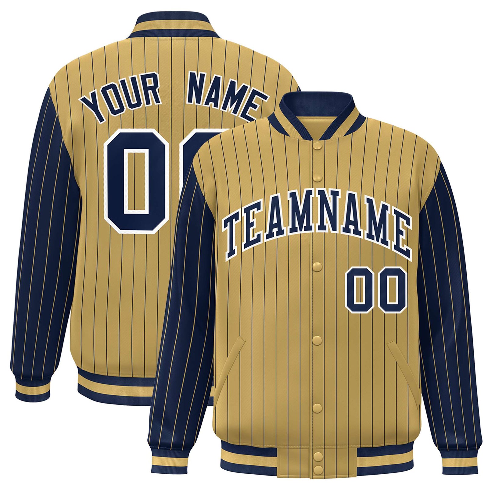 Custom Old Gold Navy Pinstripe White-Navy Bomber Full-Snap Varsity Letterman Jacket