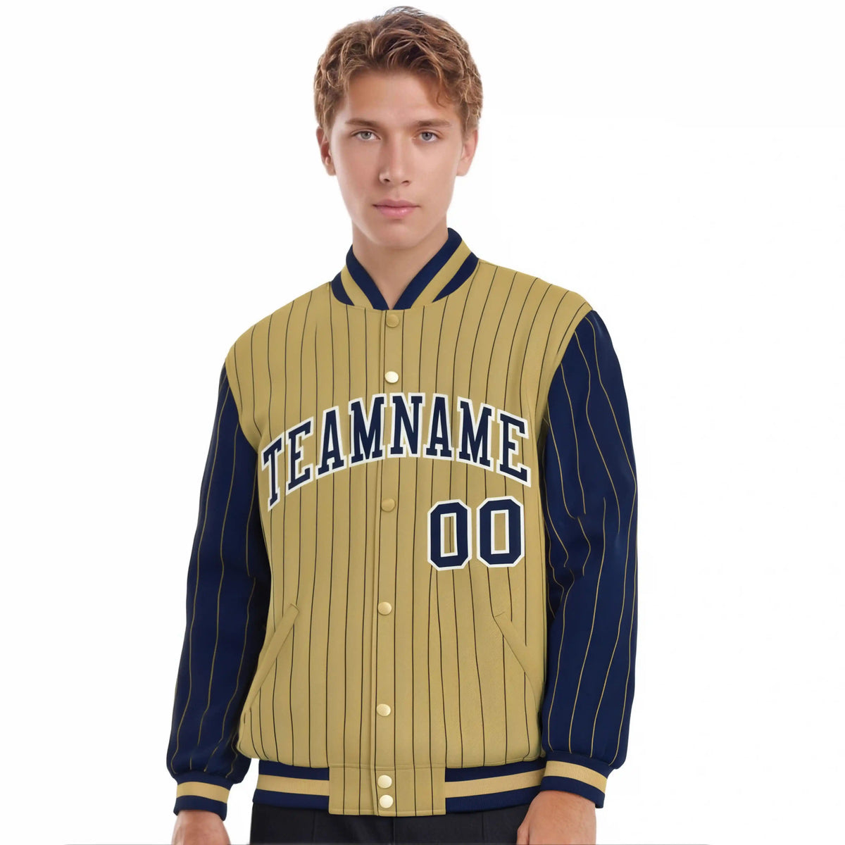 Custom Old Gold Navy Pinstripe White-Navy Bomber Full-Snap Varsity Letterman Jacket