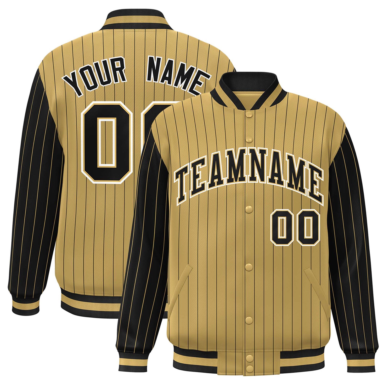 Custom Old Gold Black Pinstripe White-Black Bomber Full-Snap Varsity Letterman Jacket