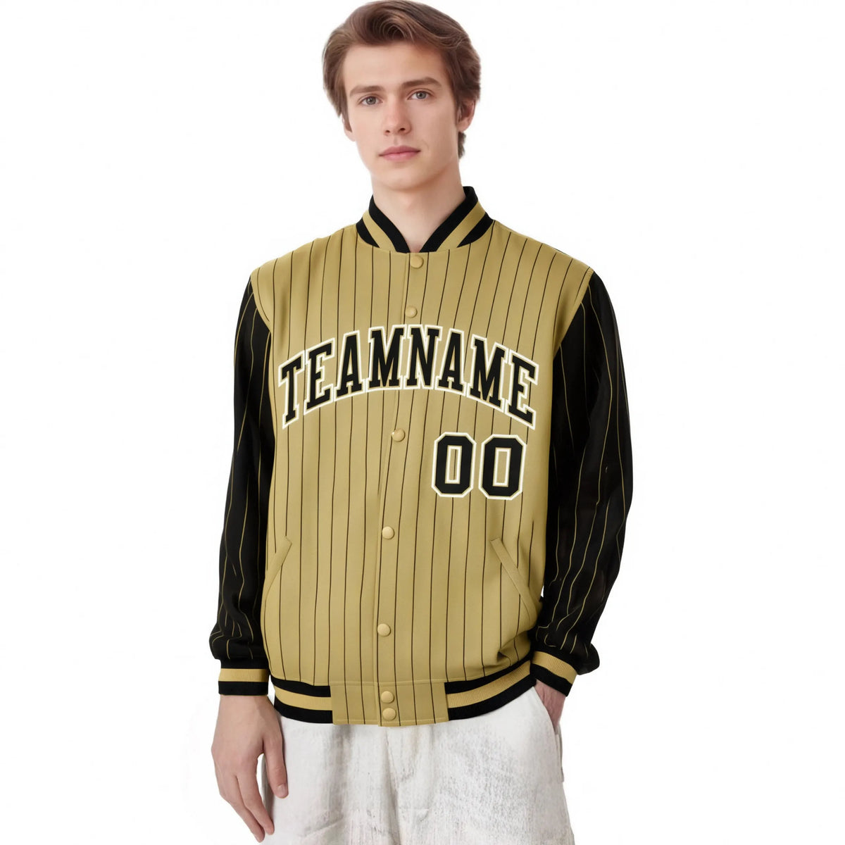 Custom Old Gold Black Pinstripe White-Black Bomber Full-Snap Varsity Letterman Jacket