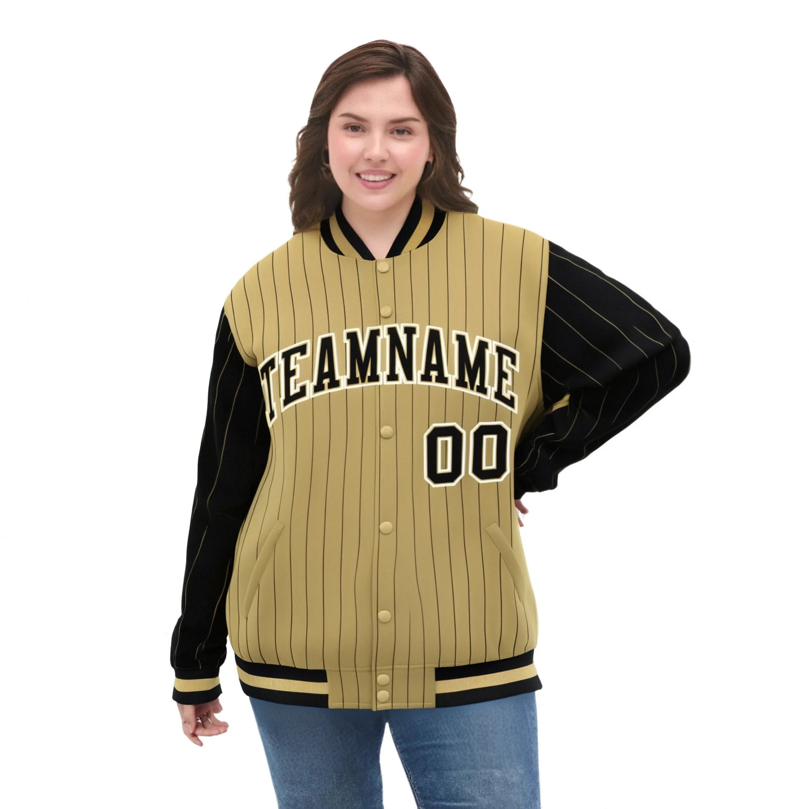 Custom Old Gold Black Pinstripe White-Black Bomber Full-Snap Varsity Letterman Jacket