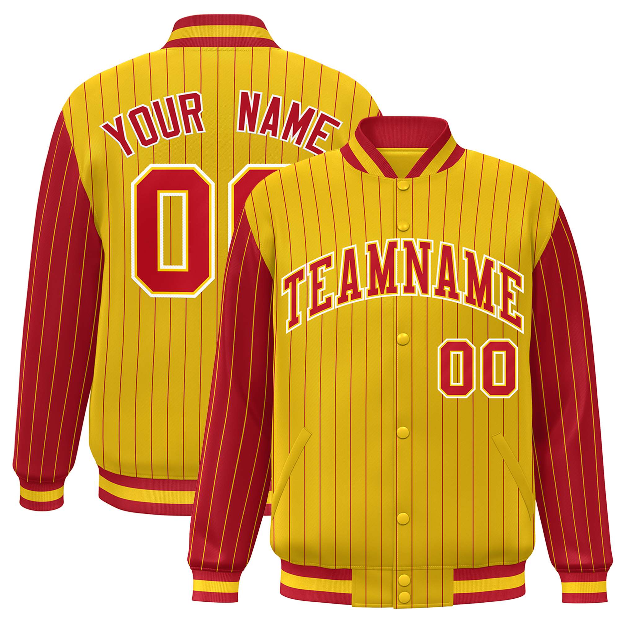 Custom Gold Red Pinstripe White-Red Bomber Full-Snap Varsity Letterman Jacket