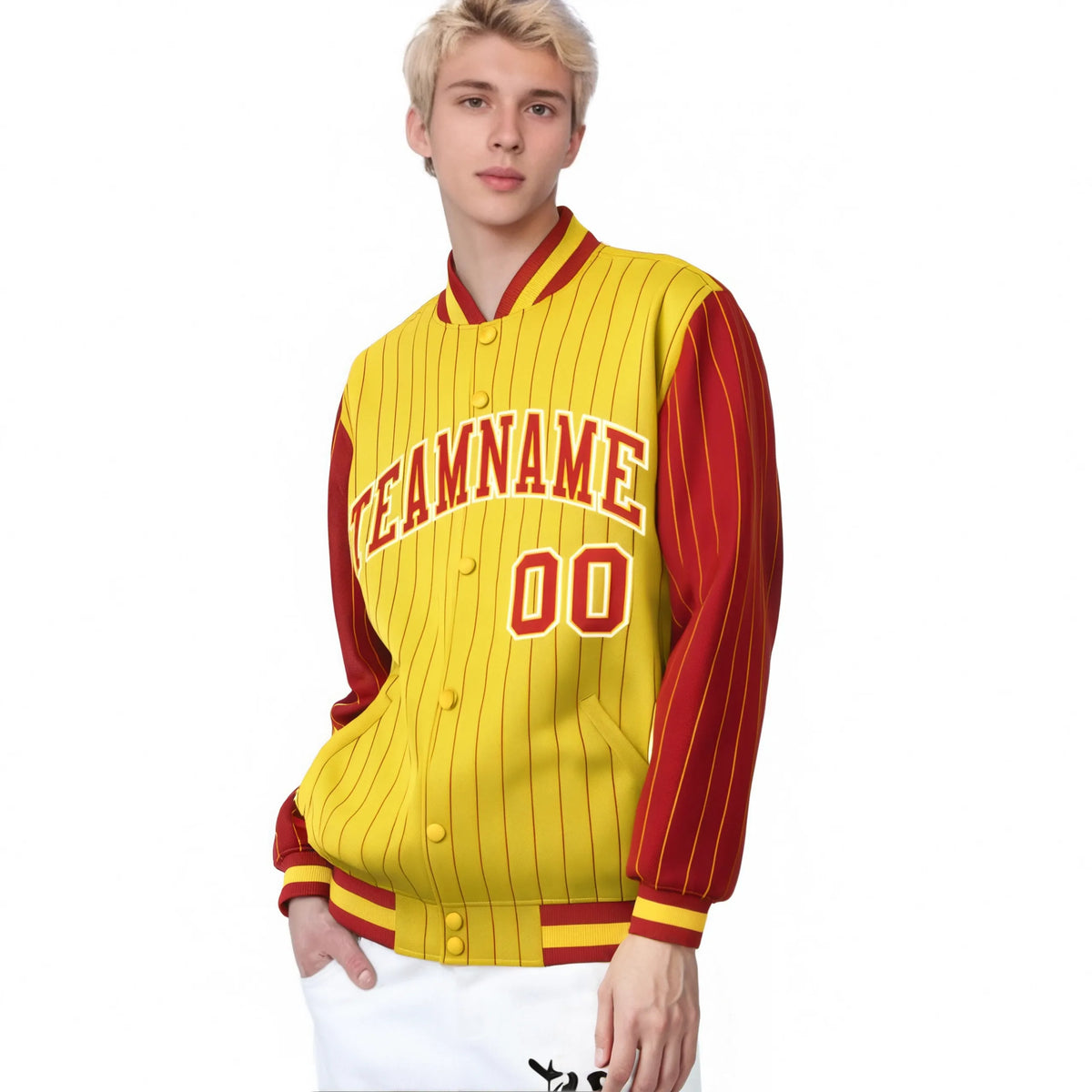Custom Gold Red Pinstripe White-Red Bomber Full-Snap Varsity Letterman Jacket