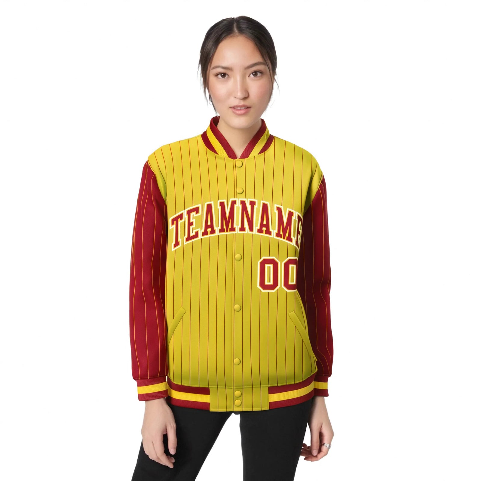 Custom Gold Red Pinstripe White-Red Bomber Full-Snap Varsity Letterman Jacket