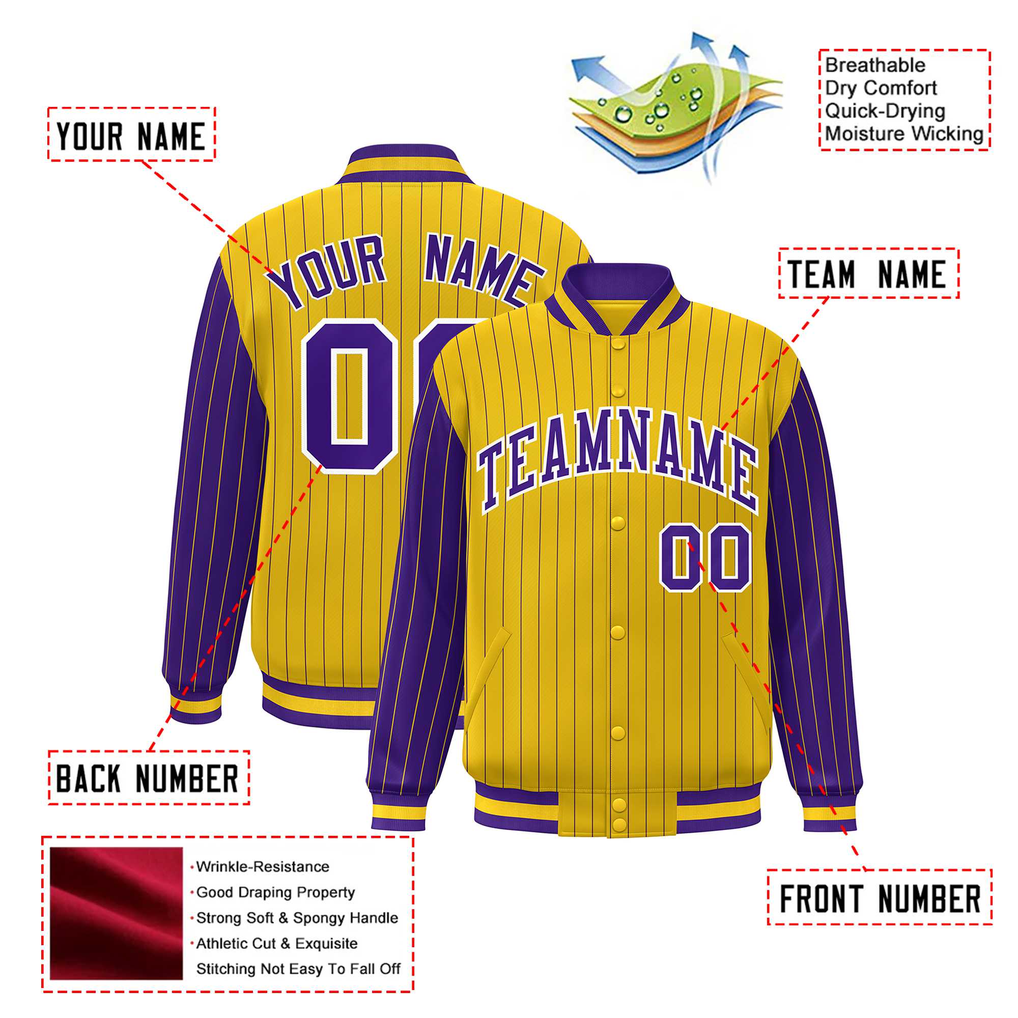 Custom Gold Purple Pinstripe White-Purple Bomber Full-Snap Varsity Letterman Jacket