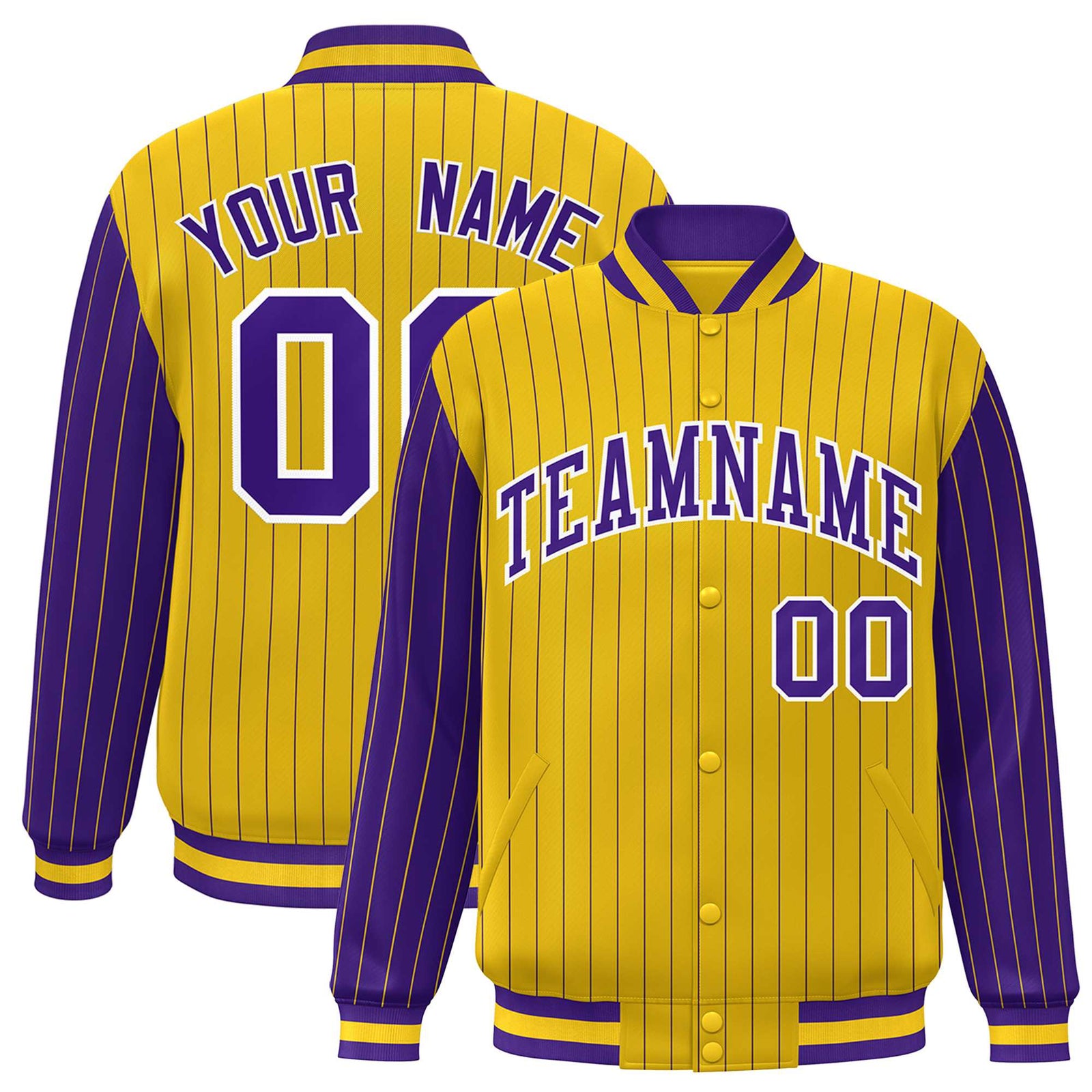 Custom Gold Purple Pinstripe White-Purple Bomber Full-Snap Varsity Letterman Jacket