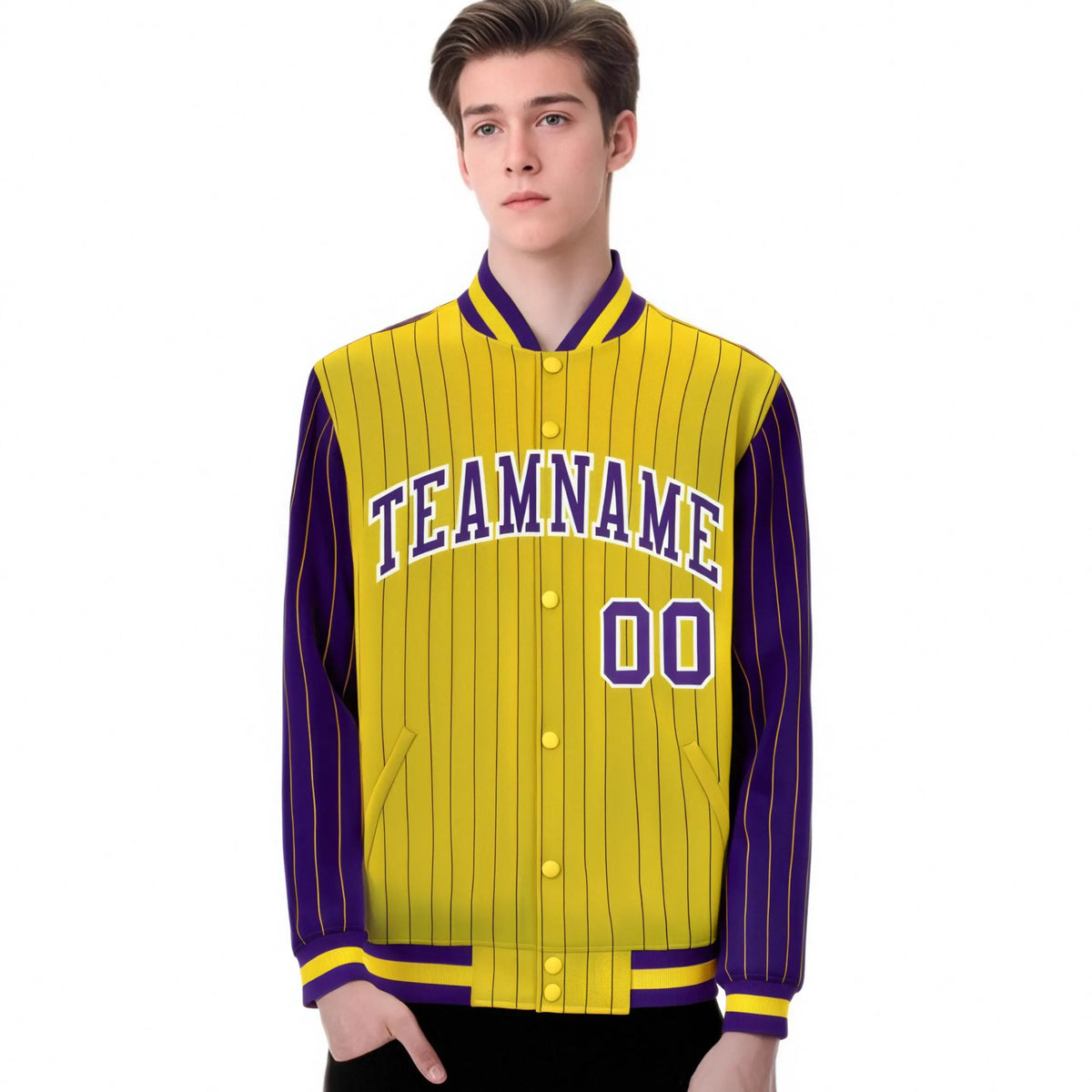 Custom Gold Purple Pinstripe White-Purple Bomber Full-Snap Varsity Letterman Jacket