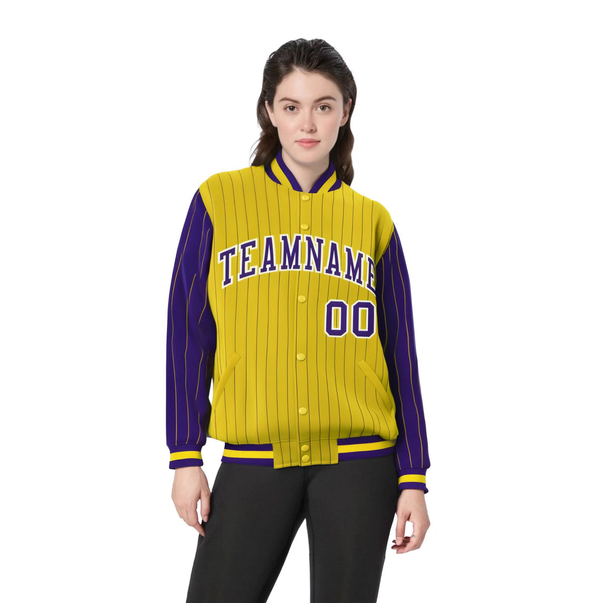 Custom Gold Purple Pinstripe White-Purple Bomber Full-Snap Varsity Letterman Jacket