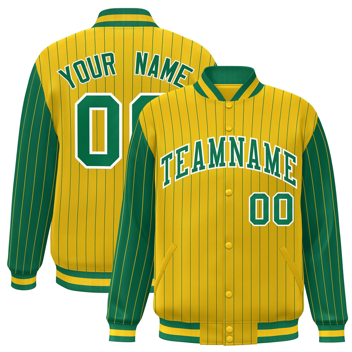 Custom Gold Neon-Green Pinstripe White Neon-Green Bomber Full-Snap Varsity Letterman Jacket