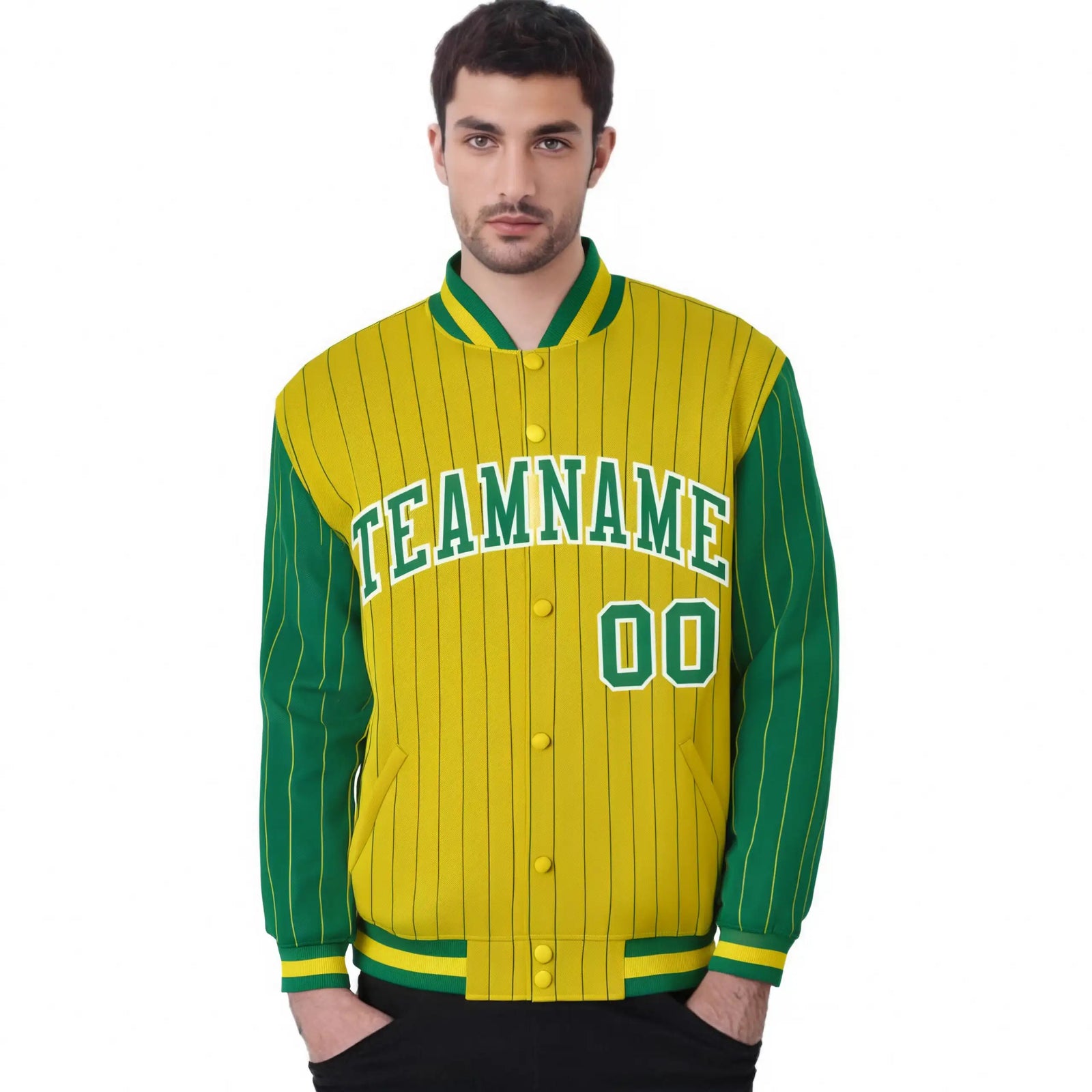 Custom Gold Neon-Green Pinstripe White Neon-Green Bomber Full-Snap Varsity Letterman Jacket