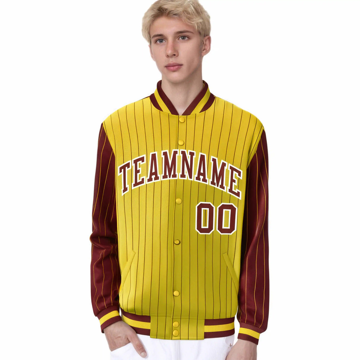 Custom Gold Crimson Pinstripe White-Crimson Bomber Full-Snap Varsity Letterman Jacket