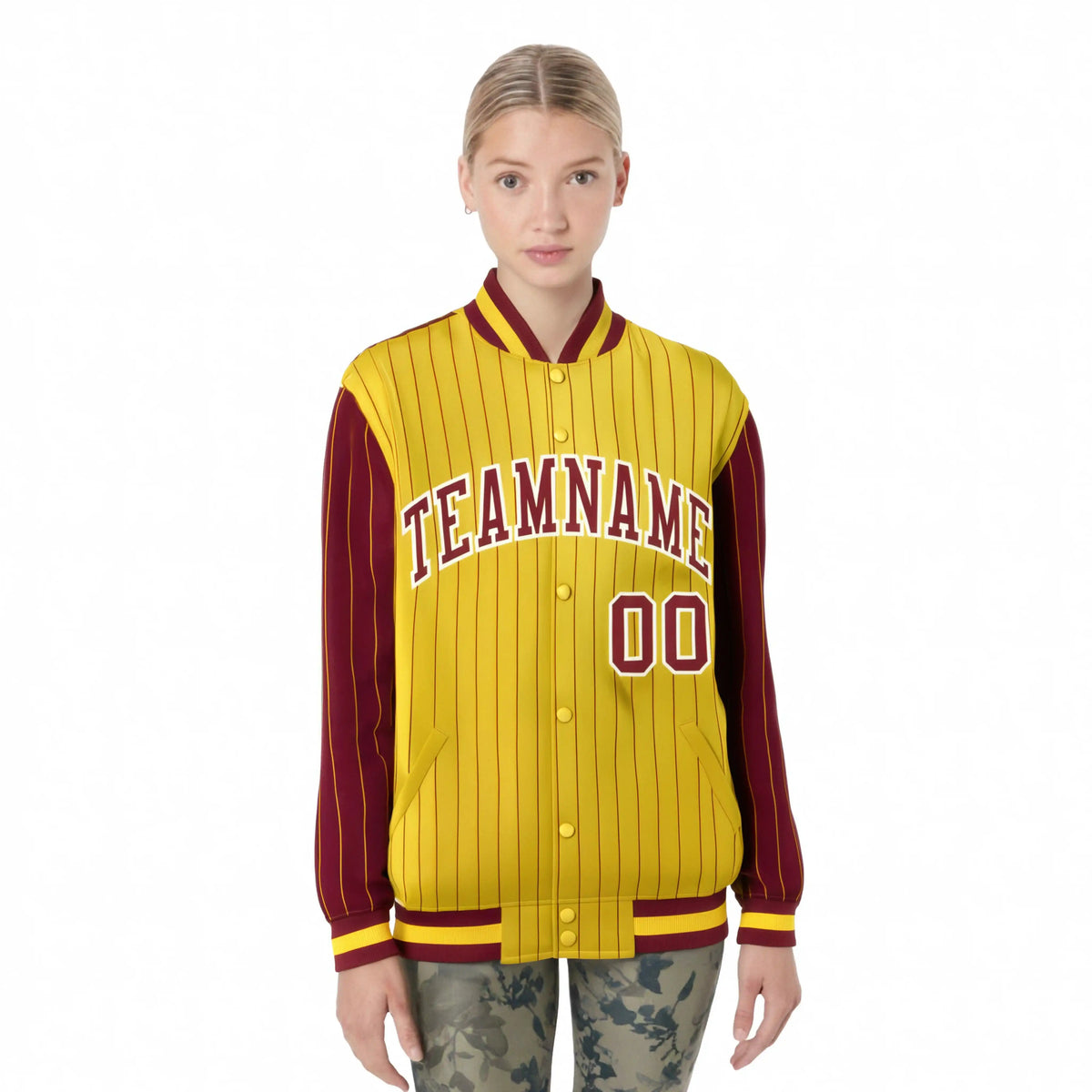 Custom Gold Crimson Pinstripe White-Crimson Bomber Full-Snap Varsity Letterman Jacket