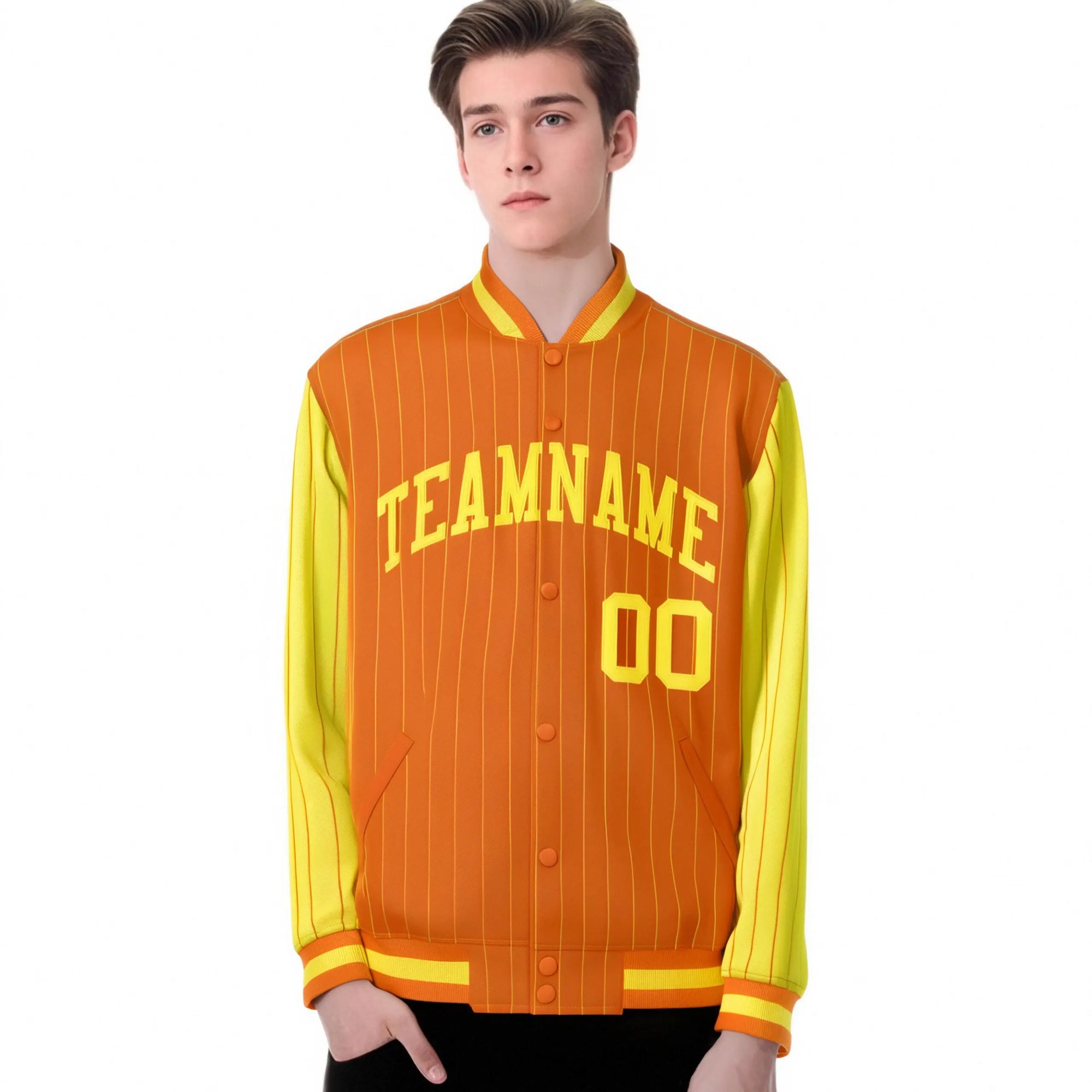 Custom Orange Gold Pinstripe Gold Bomber Full-Snap Varsity Letterman Jacket