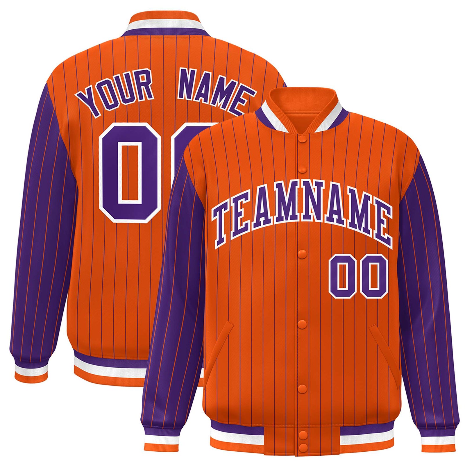 Custom Orange Purple Pinstripe White-Purple Bomber Full-Snap Varsity Letterman Jacket