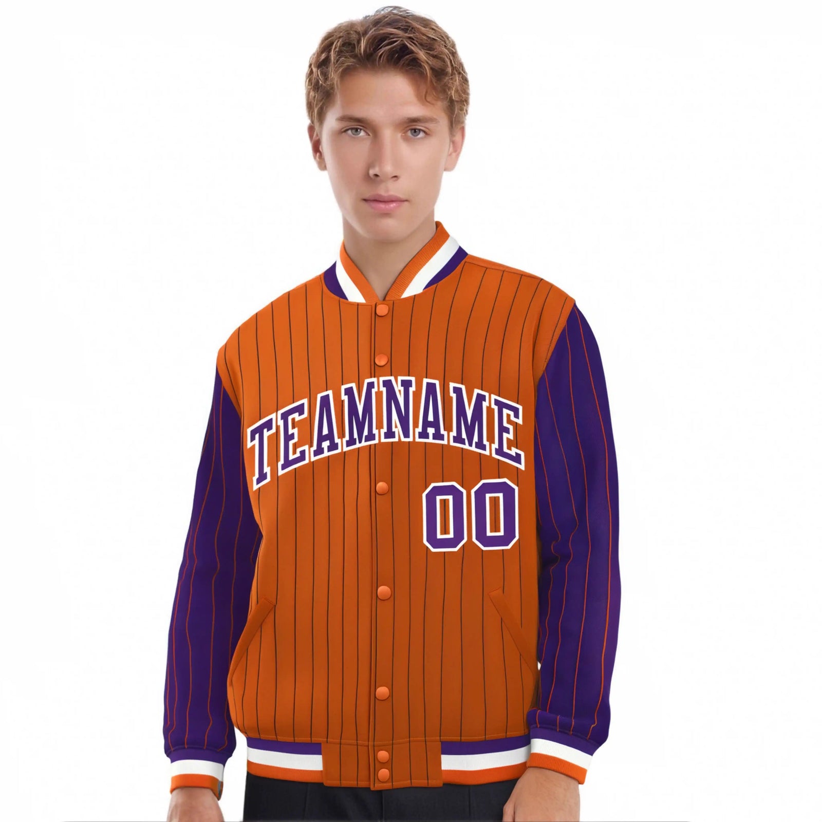 Custom Orange Purple Pinstripe White-Purple Bomber Full-Snap Varsity Letterman Jacket