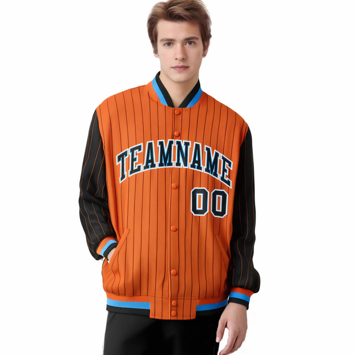 Custom Orange Black Pinstripe Powder-Blue Black Bomber Full-Snap Varsity Letterman Jacket