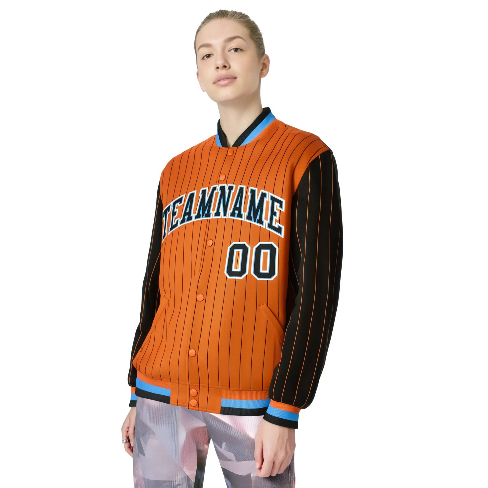 Custom Orange Black Pinstripe Powder-Blue Black Bomber Full-Snap Varsity Letterman Jacket