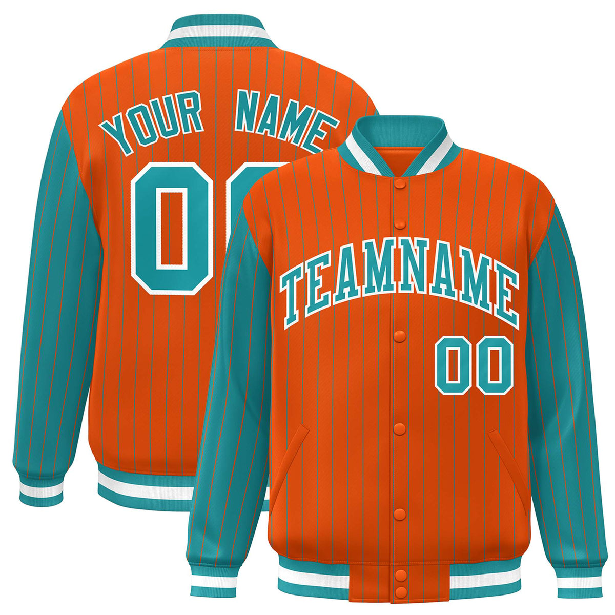 Custom Orange Aqua Pinstripe White-Aqua Bomber Full-Snap Varsity Letterman Jacket