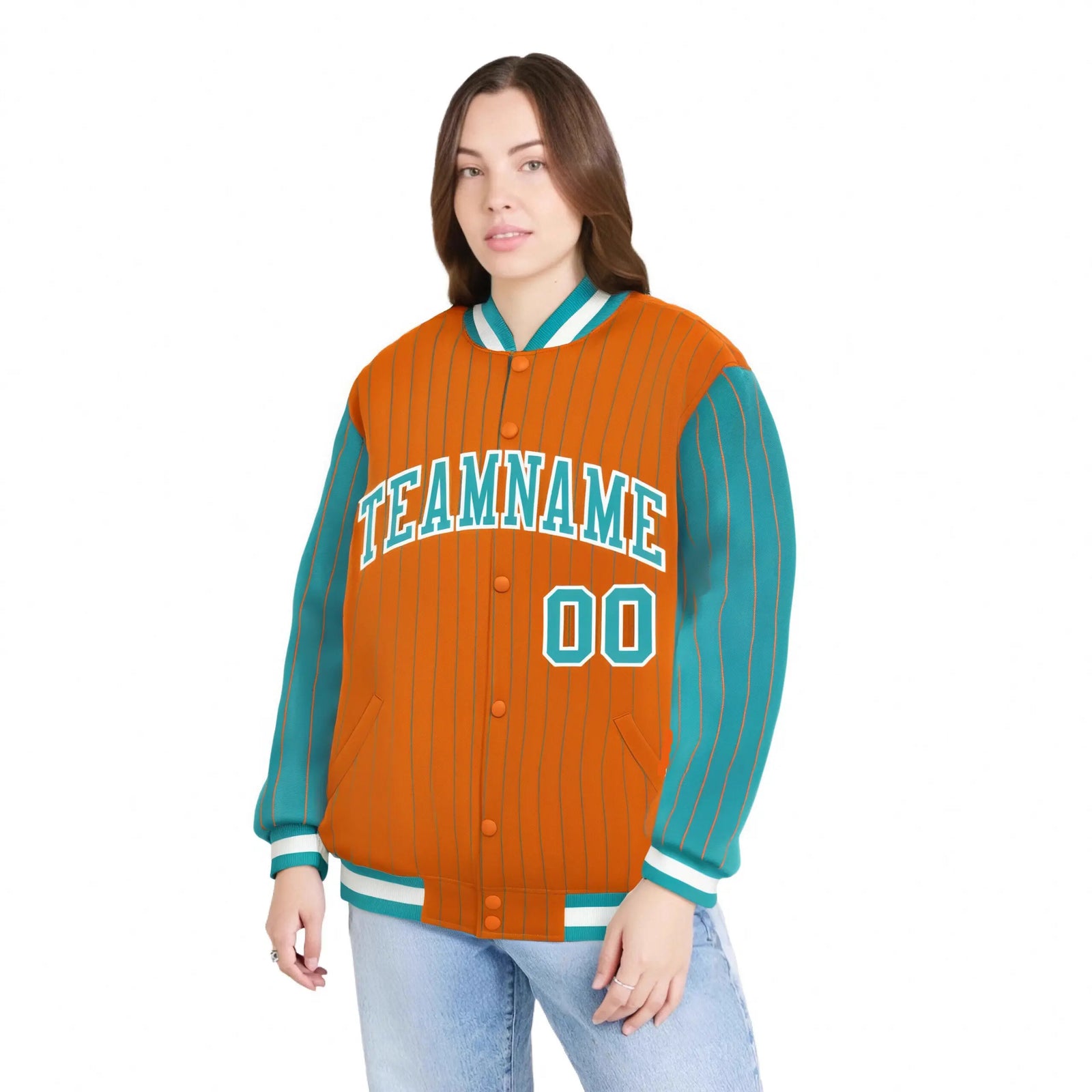 Custom Orange Aqua Pinstripe White-Aqua Bomber Full-Snap Varsity Letterman Jacket