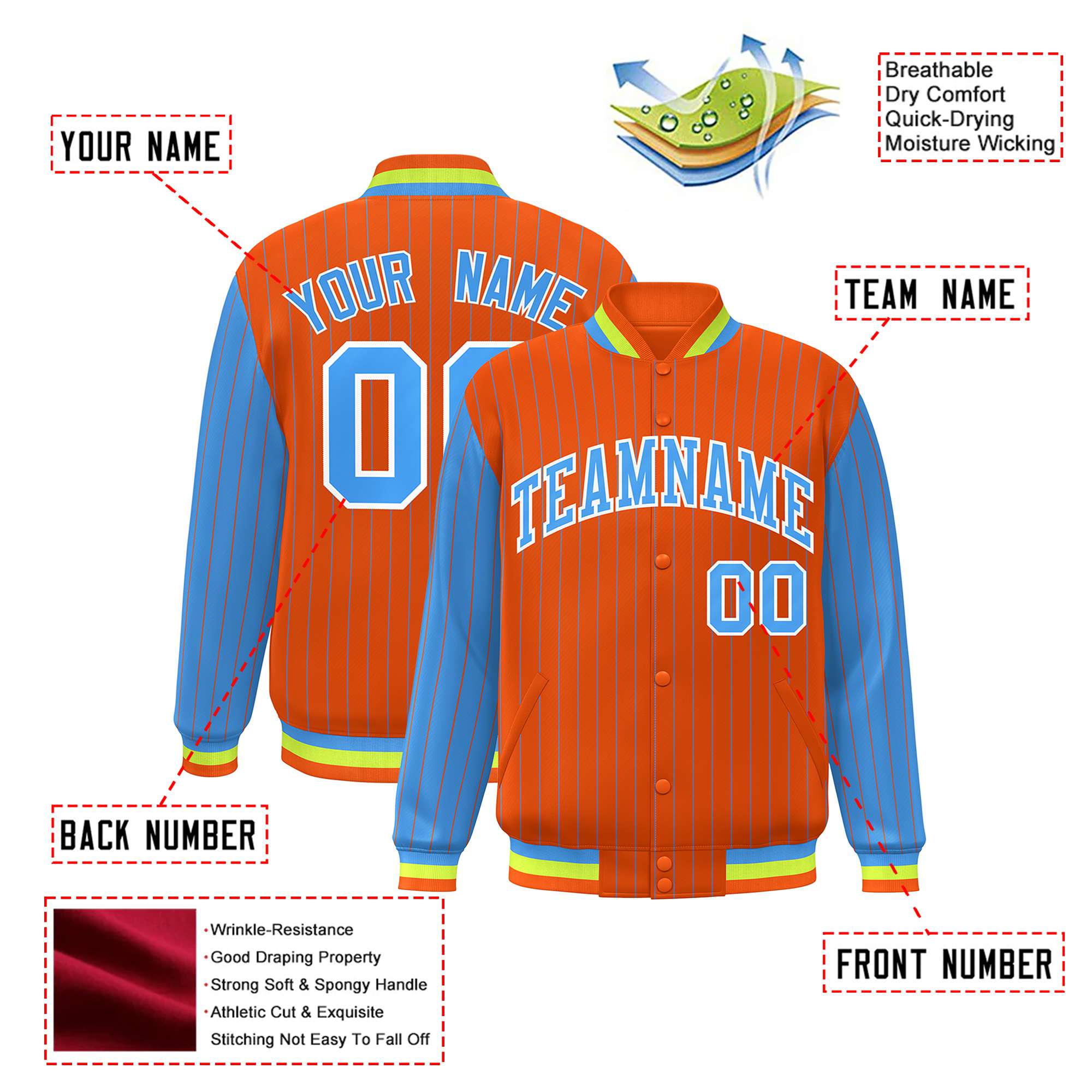 Custom Orange Powder-Blue Pinstripe White Powder-Blue Bomber Full-Snap Varsity Letterman Jacket