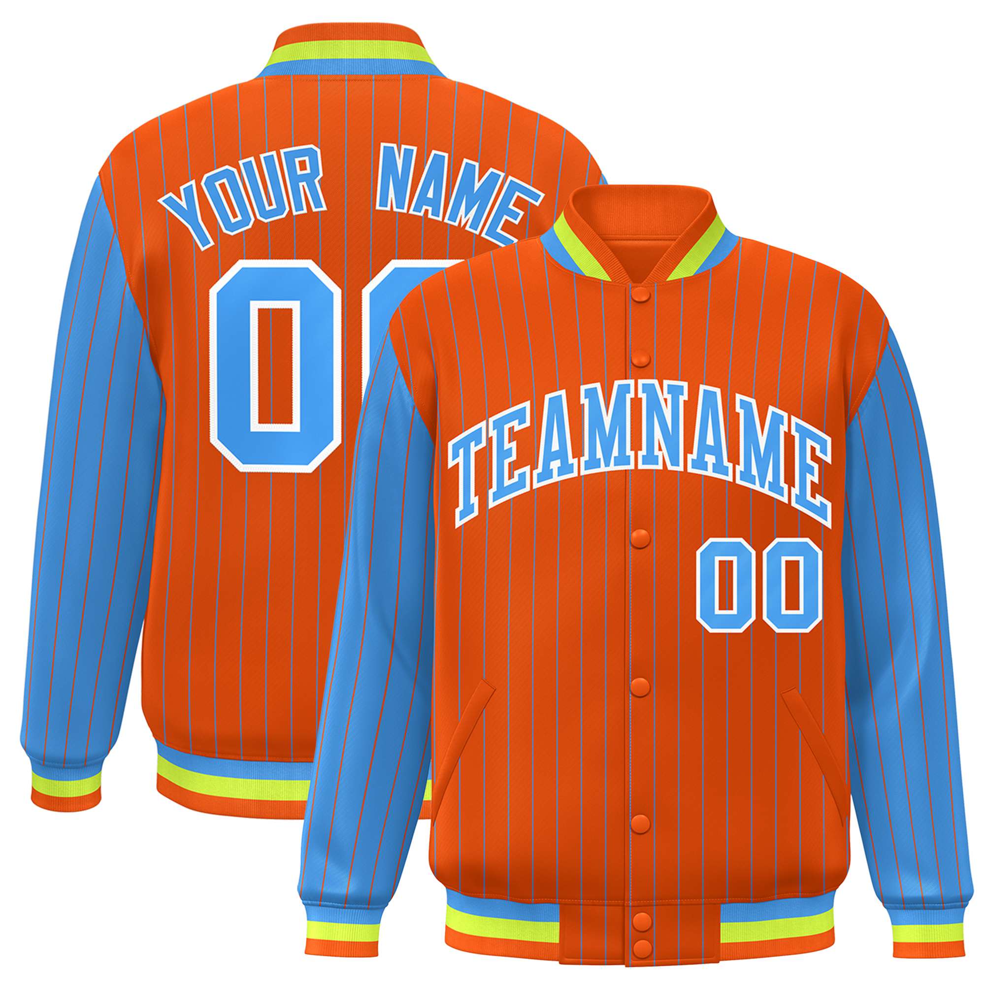 Custom Orange Powder-Blue Pinstripe White Powder-Blue Bomber Full-Snap Varsity Letterman Jacket