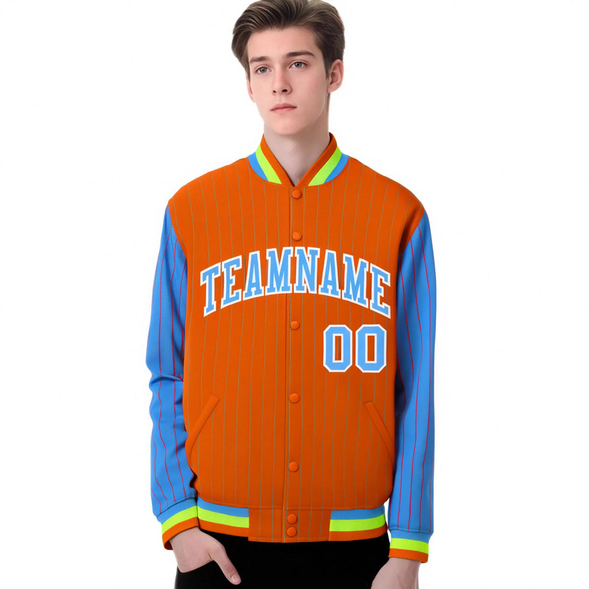 Custom Orange Powder-Blue Pinstripe White Powder-Blue Bomber Full-Snap Varsity Letterman Jacket