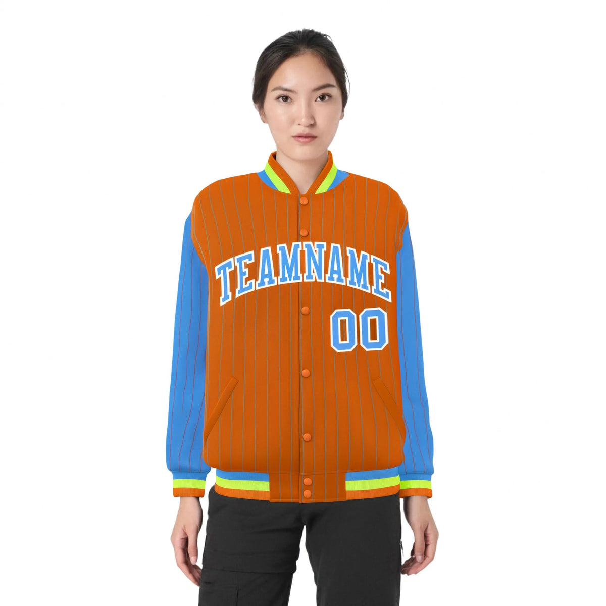 Custom Orange Powder-Blue Pinstripe White Powder-Blue Bomber Full-Snap Varsity Letterman Jacket