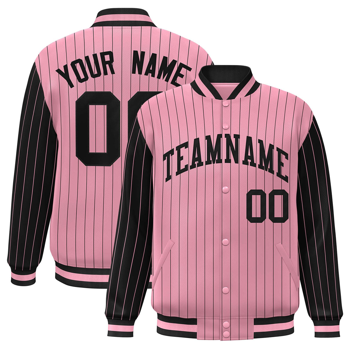 Custom Light-Pink Black Pinstripe Black Bomber Full-Snap Varsity Letterman Jacket