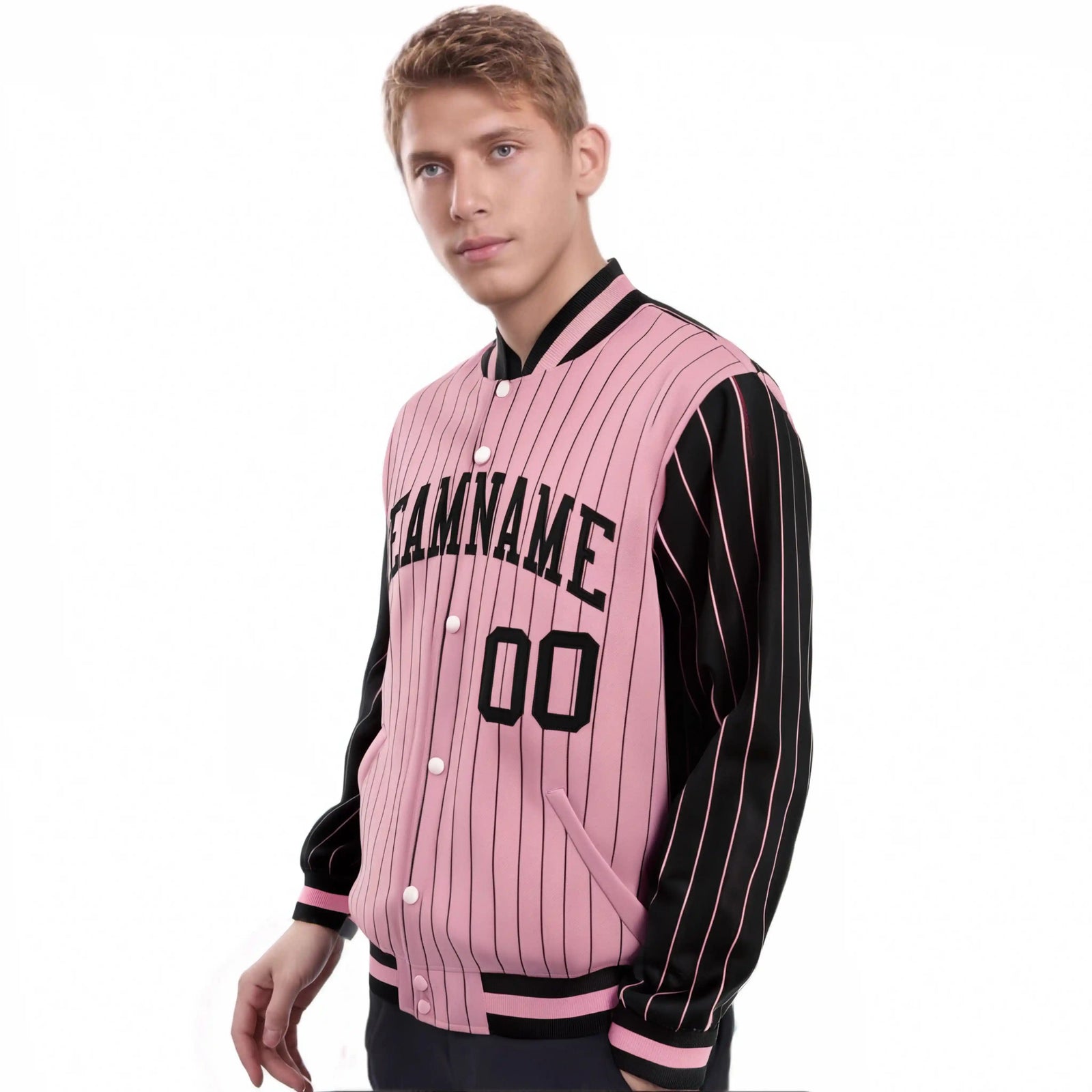Custom Light-Pink Black Pinstripe Black Bomber Full-Snap Varsity Letterman Jacket