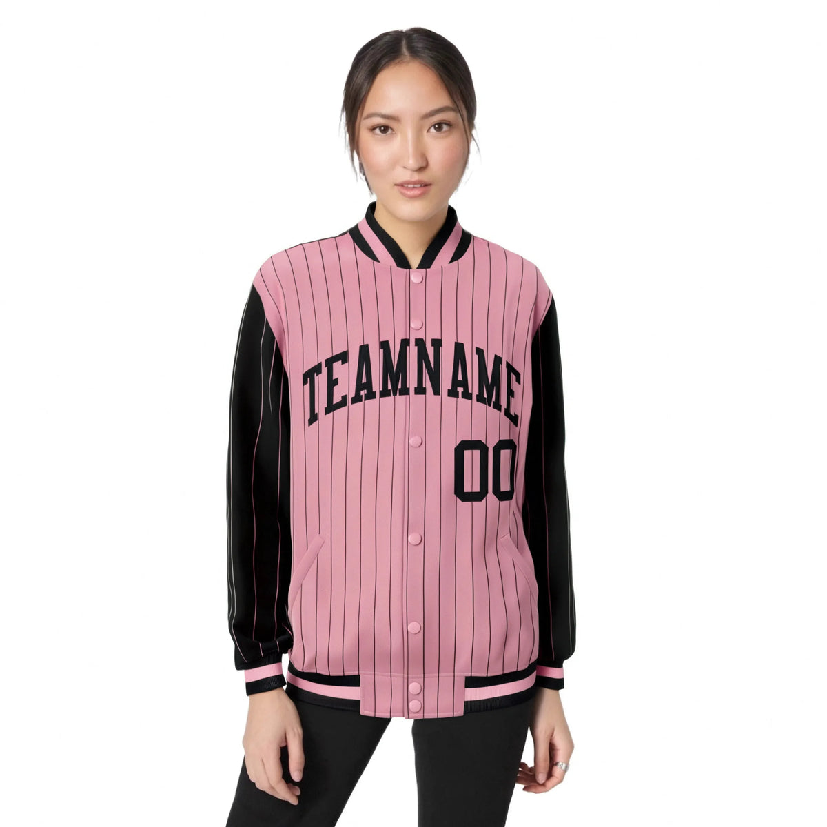 Custom Light-Pink Black Pinstripe Black Bomber Full-Snap Varsity Letterman Jacket