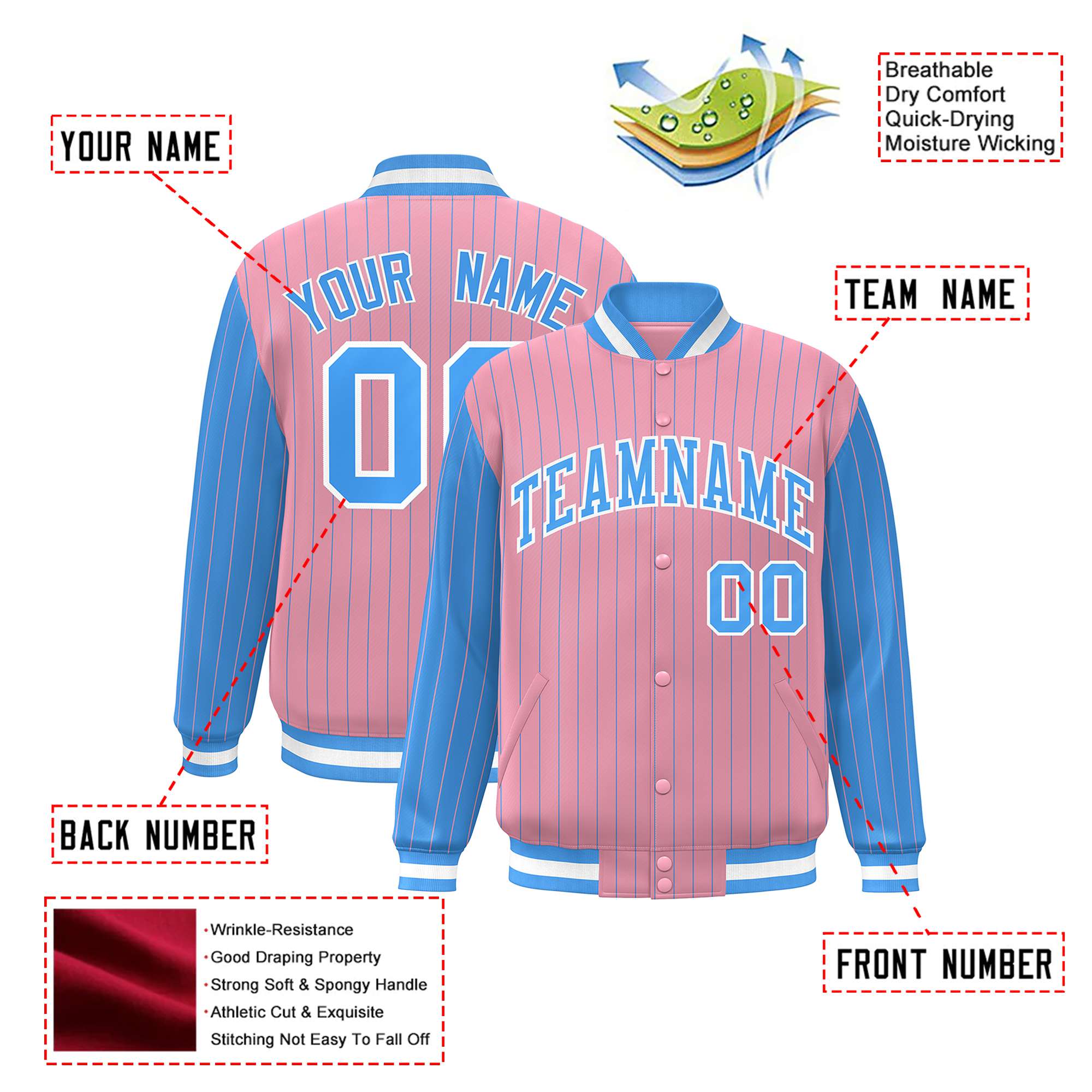 Custom Light-Pink Powder-Blue Pinstripe White Powder-Blue Bomber Full-Snap Varsity Letterman Jacket